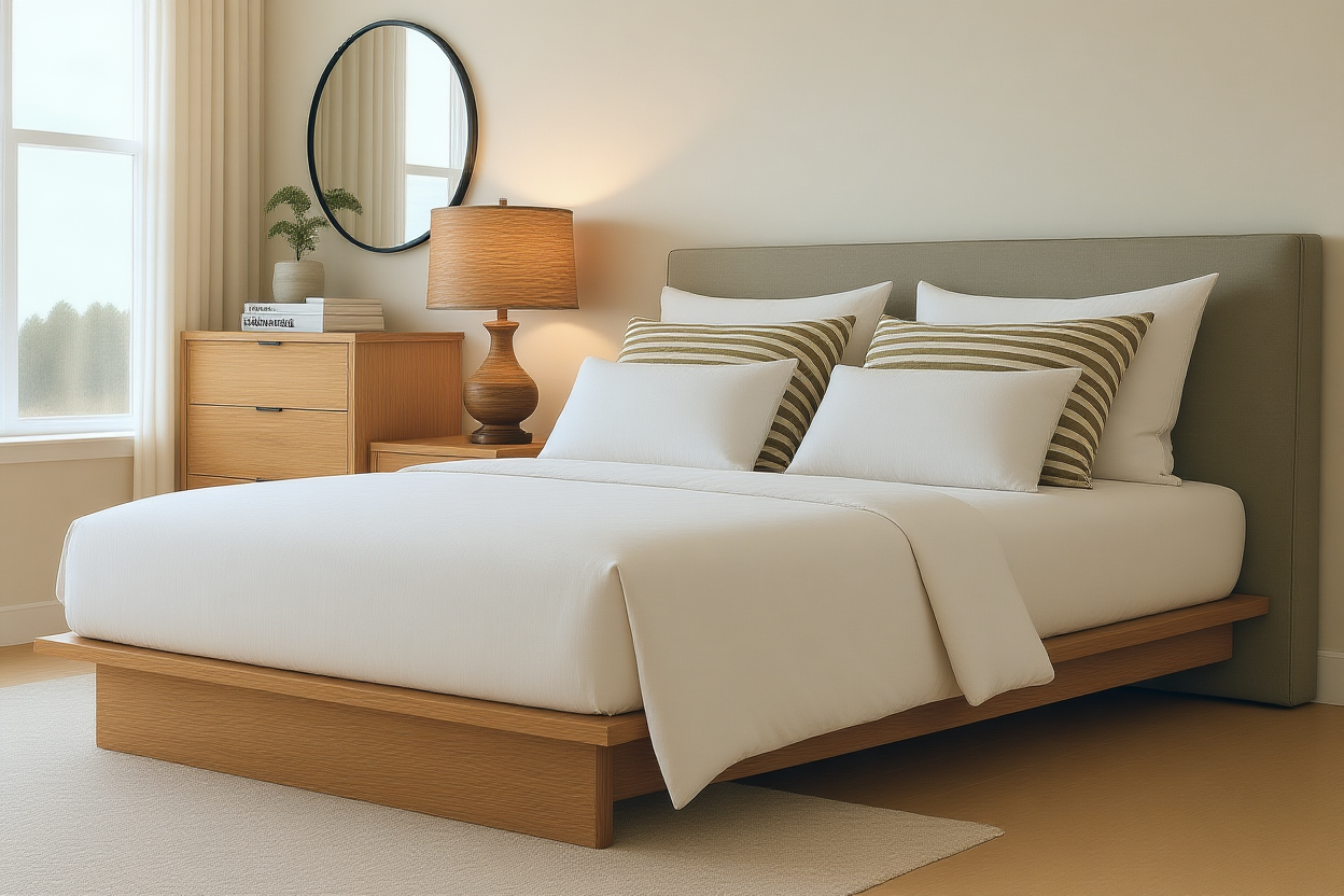 LUCCA (AUSSIE MADE) FLUSH PLATFORM FABRIC / TASSIE OAK COMBINATION BEDROOM COLLECTION - ASSORTED FABRICS AND STAINED COLOURS - STARTING FROM $1999