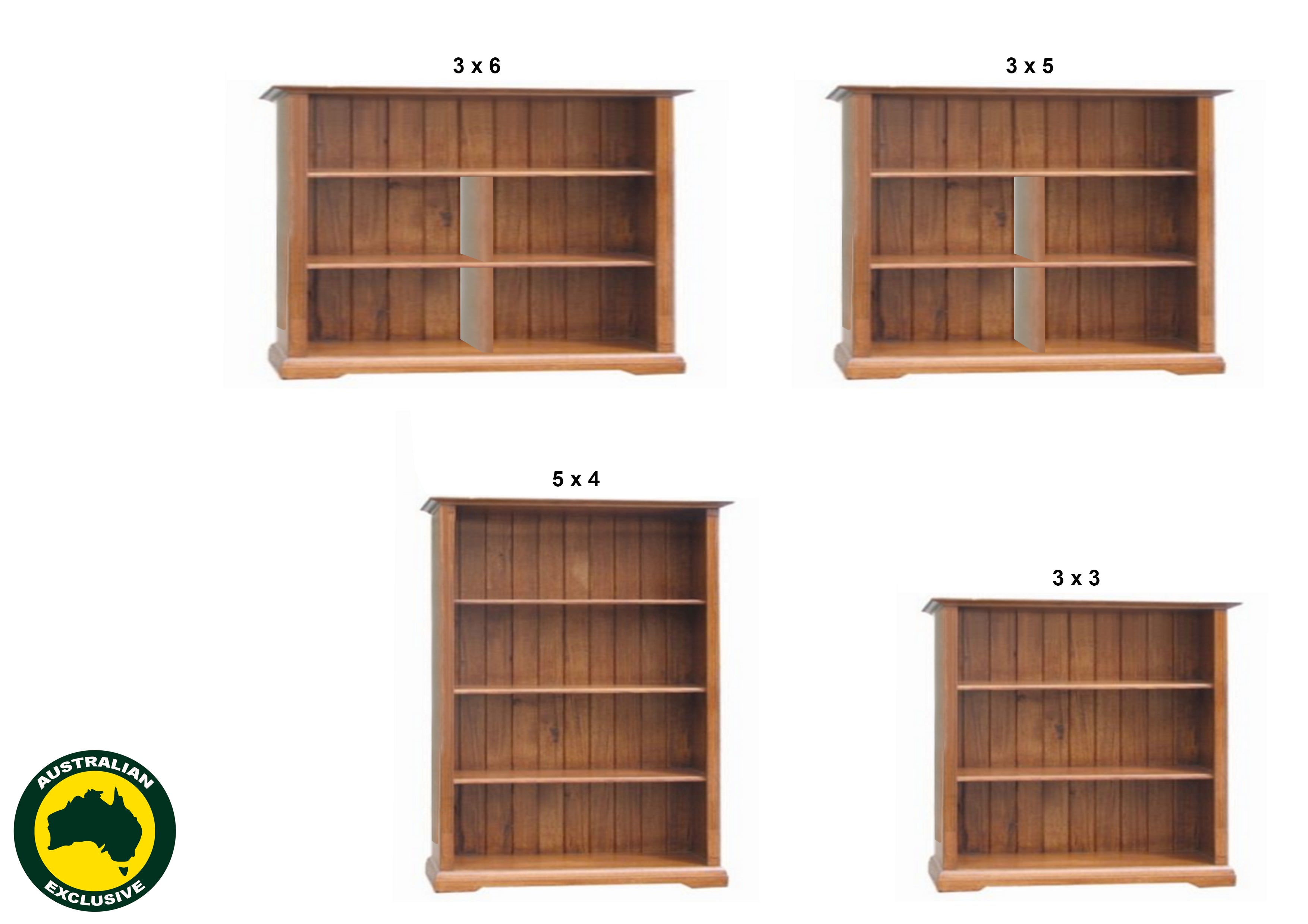 CHURACHS (AUSSIE MADE) LOWLINE BOOKCASE COLLECTION - ASSORTED STAINED COLOURS - STARTING FROM $499