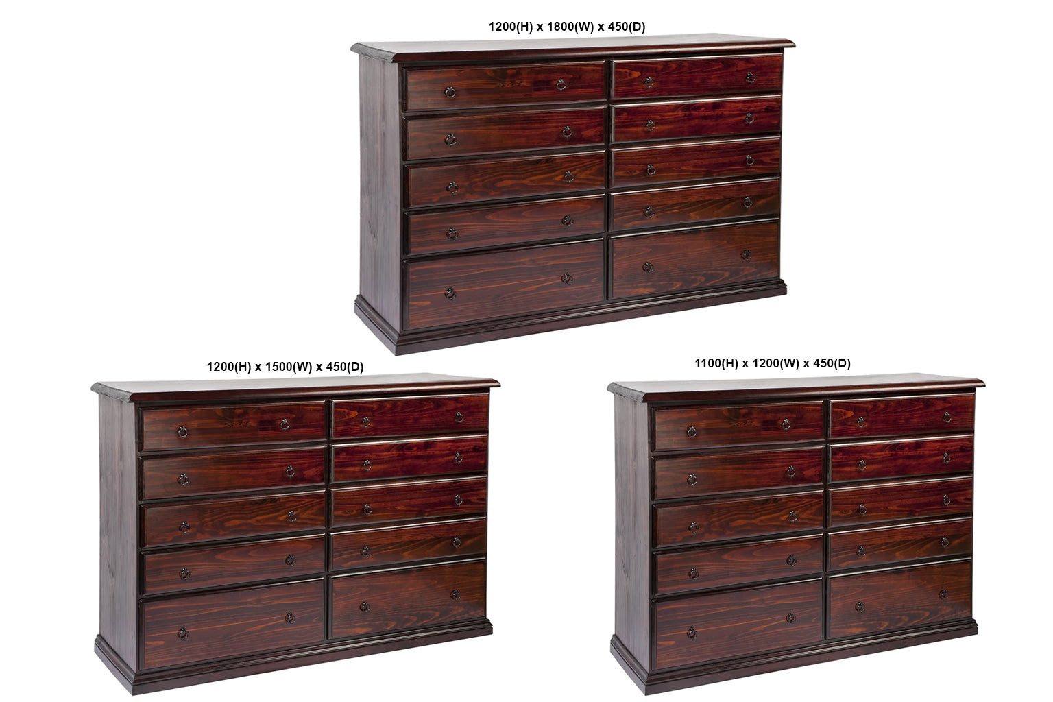 CRONULLA (AUSSIE MADE) 10 DRAWER CHEST COLLECTION - ASSORTED STAINED COLOURS - STARTING FROM $1299