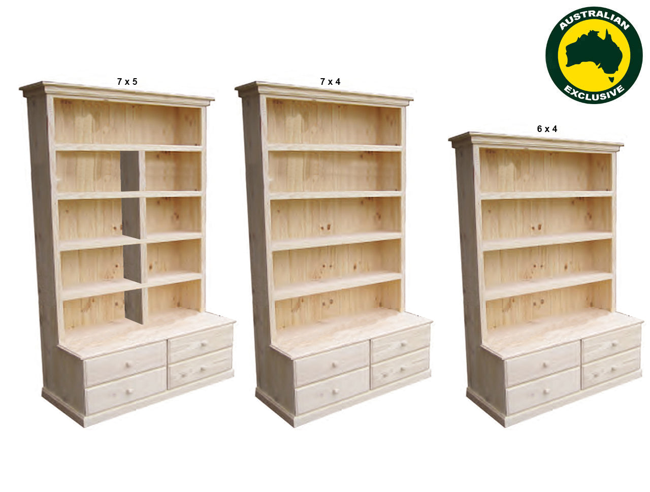 DELUXE (AUSSIE MADE) BOOKCASE WITH 4 DRAWERS COLLECTION - ASSORTED STAINED COLOURS - STARTING FROM $1099