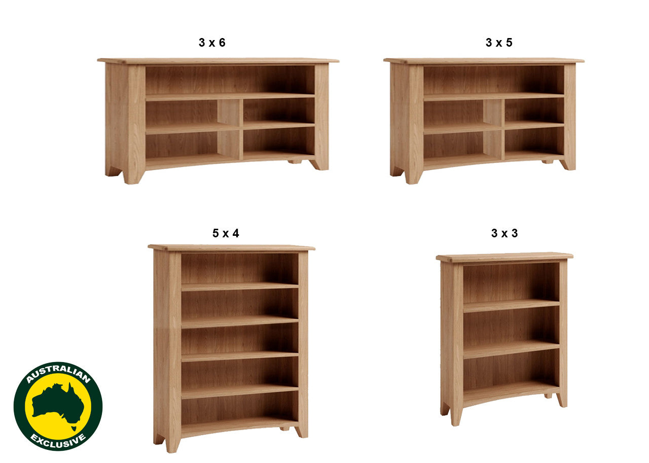 ELEGANCE (AUSSIE MADE) LOWLINE TASSIE OAK COMBINATION BOOKCASE COLLECTION - ASSORTED COLOURS - STARTING FROM $649