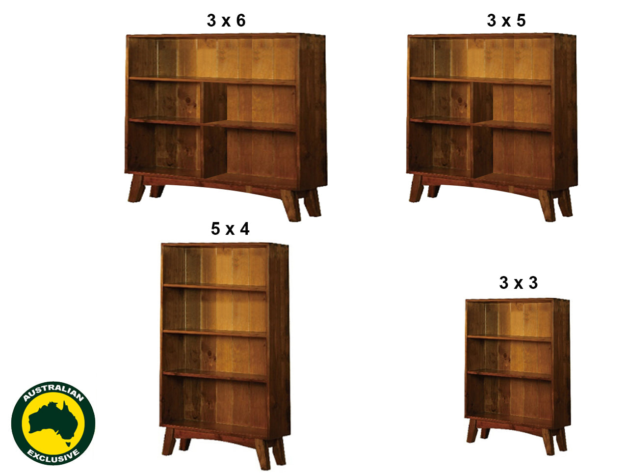 EUREKA (AUSSIE MADE) LOWLINE BOOKCASE COLLECTION - ASSORTED STAINED COLOURS - STARTING FROM $449