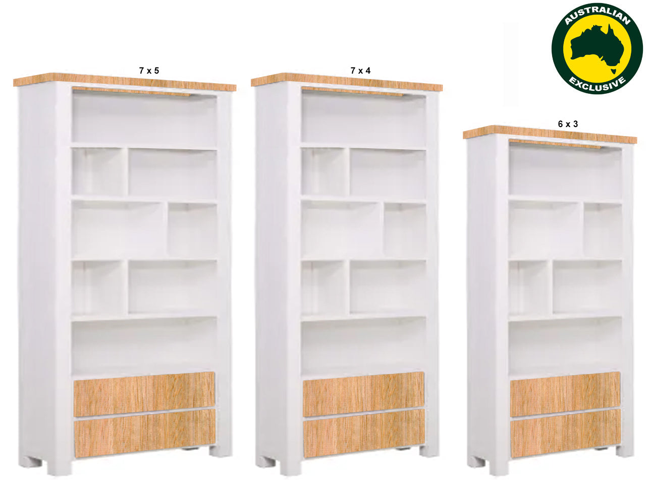 HALIFAX (AUSSIE MADE) BOOKCASE WITH 2 DRAWER COLLECTION - ASSORTED STAINED / PAINTED COLOURS - STARTING FROM $1399