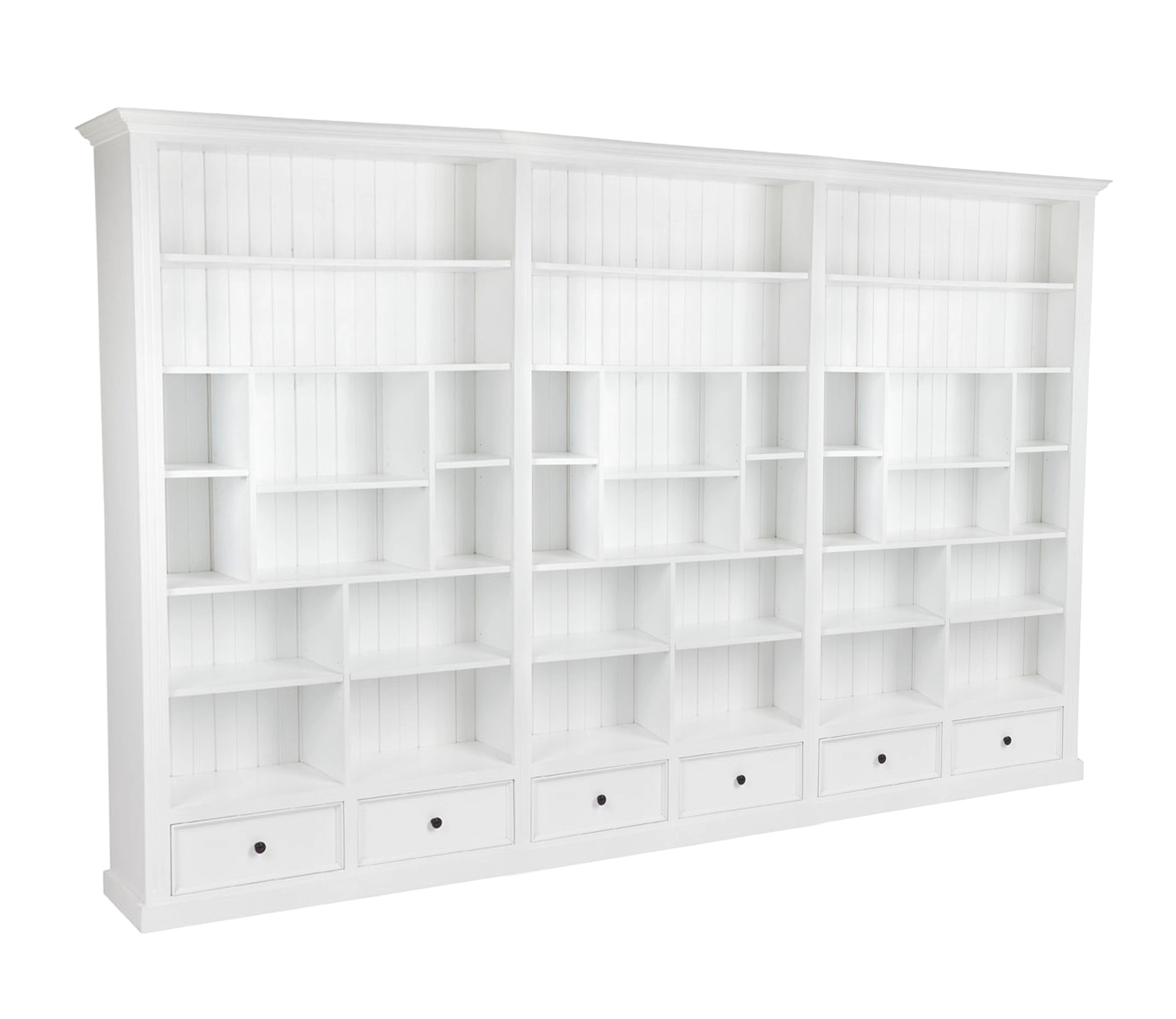 HERALDY (AUSSIE MADE) HIGHLINE WITH 36 SHELVES / 6 DRAWERS - 2100(H) x 3600(W) - 3 SECTIONS - PIGEON PAIRED BOOKCASE - ASSORTED STAINED COLOURS