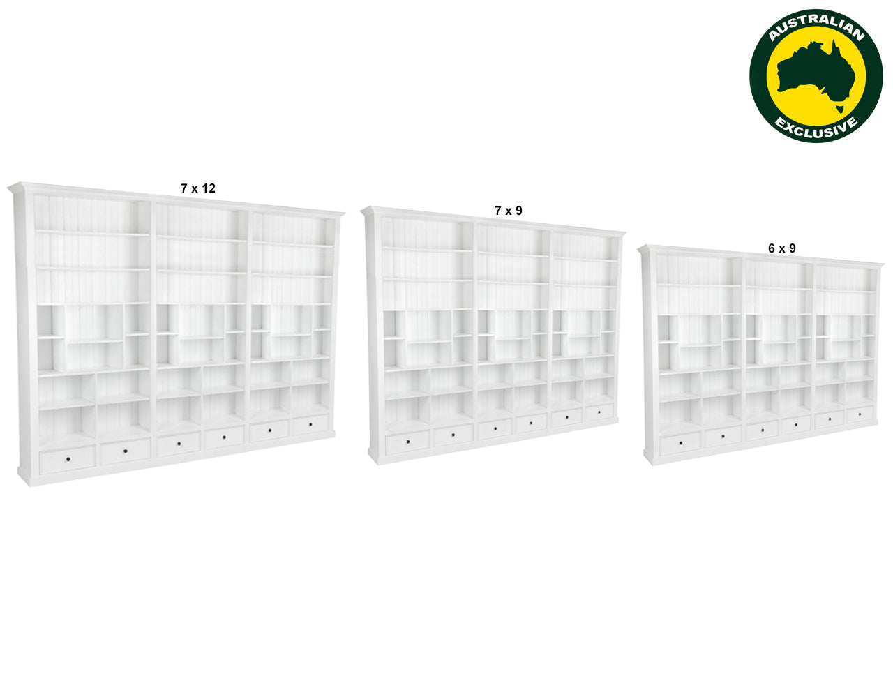 HERALDY (AUSSIE MADE) HIGHLINE WITH 36 SHELVES / 6 DRAWERS BOOKCASE COLLECTION - 3 SECTION PIGEON PAIRED - ASSORTED PAINTED COLOURS - STARTING FROM $3599