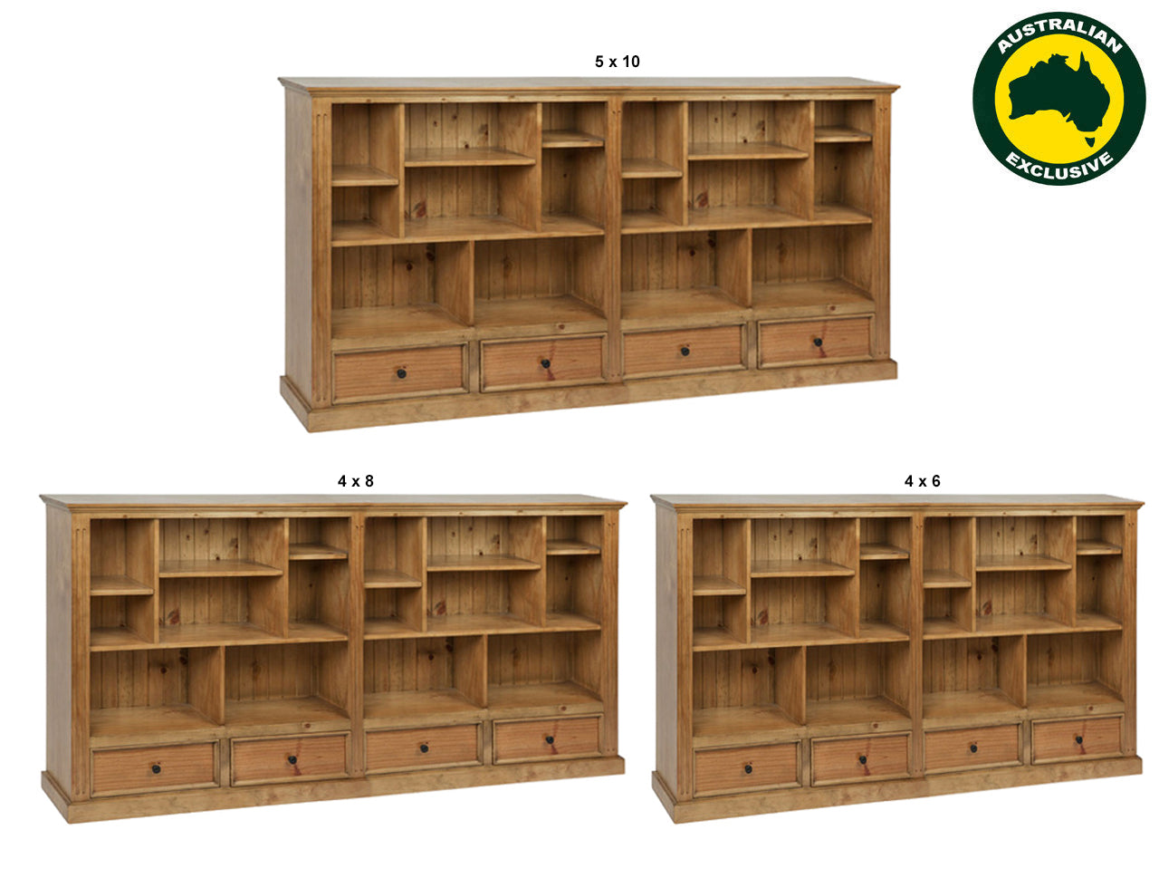 HERALDY (AUSSIE MADE) LOWLINE WITH 4 DRAWERS PICTURED FRAMED (3 SECTION) PIGEON PAIRED BOOKCASE COLLECTION - ASSORTED STAINED COLOURS - STARTING FROM $1499