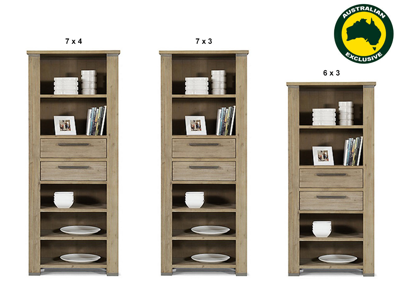 INTRO (AUSSIE MADE) HIGHLINE BOOKCASE WITH 2 DRAWER / NICHES - ASSORTED STAINED COLOURS - STARTING FROM $899