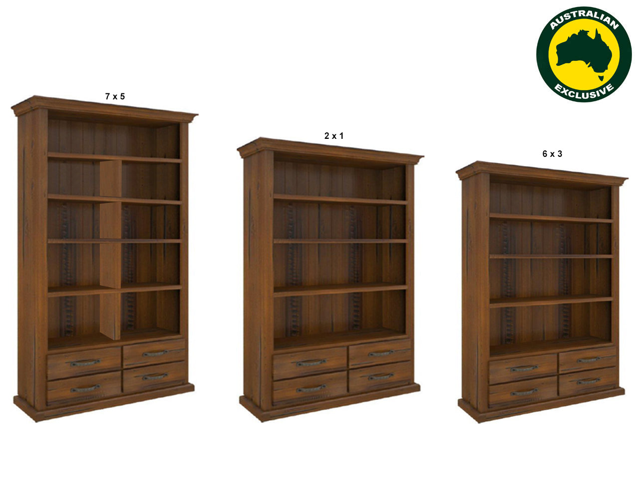 JAMAICA (AUSSIE MADE) BOOKCASE WITH 4 DRAWERS AND SHELVES COLLECTION - ASSORTED STAINED COLOURS - STARTING FROM $899