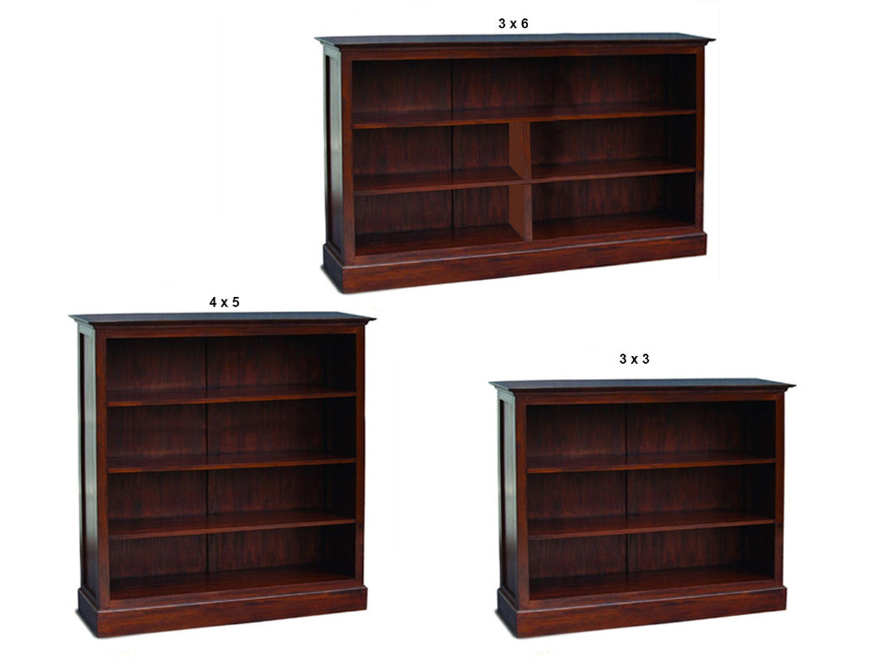 JULIAN HARDWOOD LOWLINE BOOKCASE COLLECTION - ASSORTED STAINED COLOURS - STARTING FROM $599
