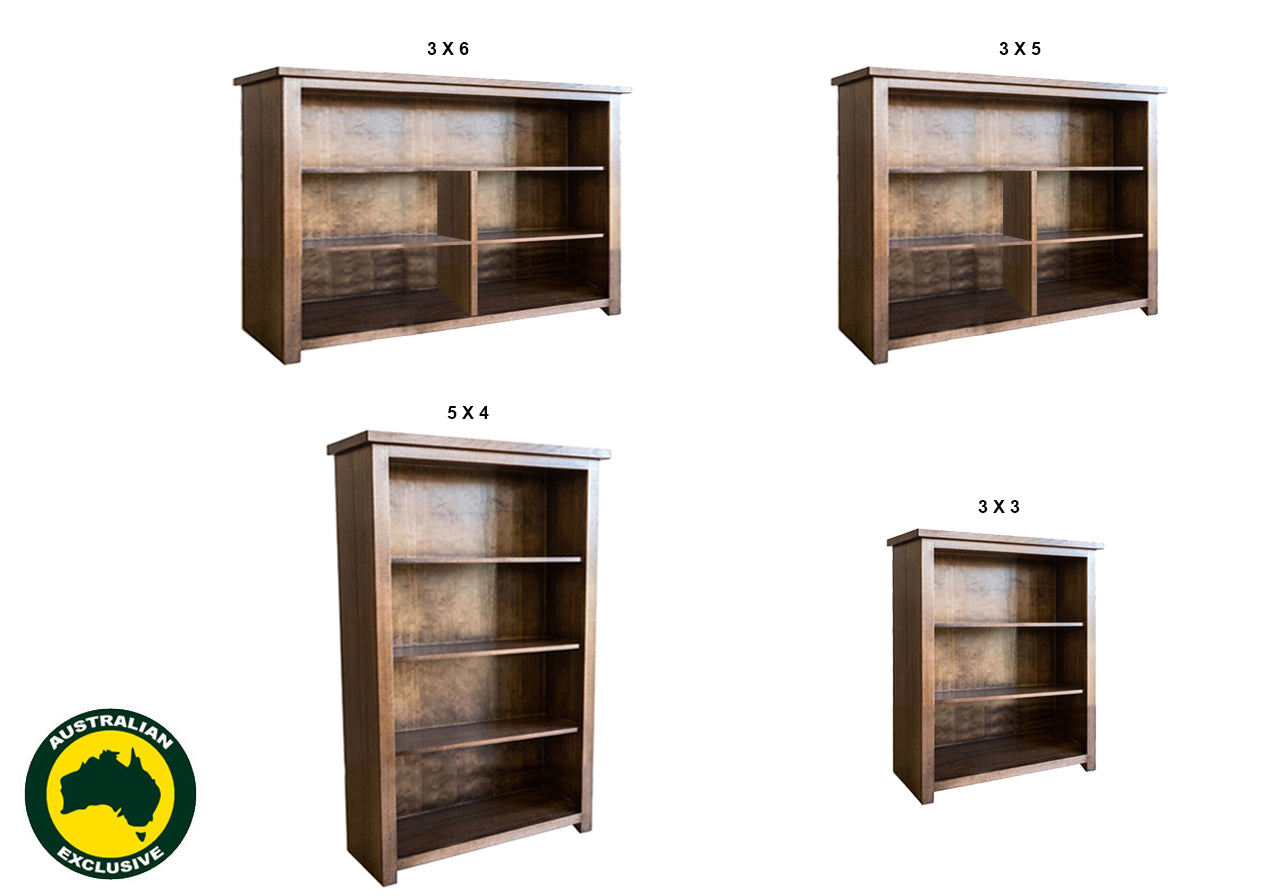 JACKIE (AUSSIE MADE) LOWLINE BOOKCASE COLLECTION - TASMANIA OAK COMBINATION - ASSORTED STAINED COLOURS - STARTING FROM $699