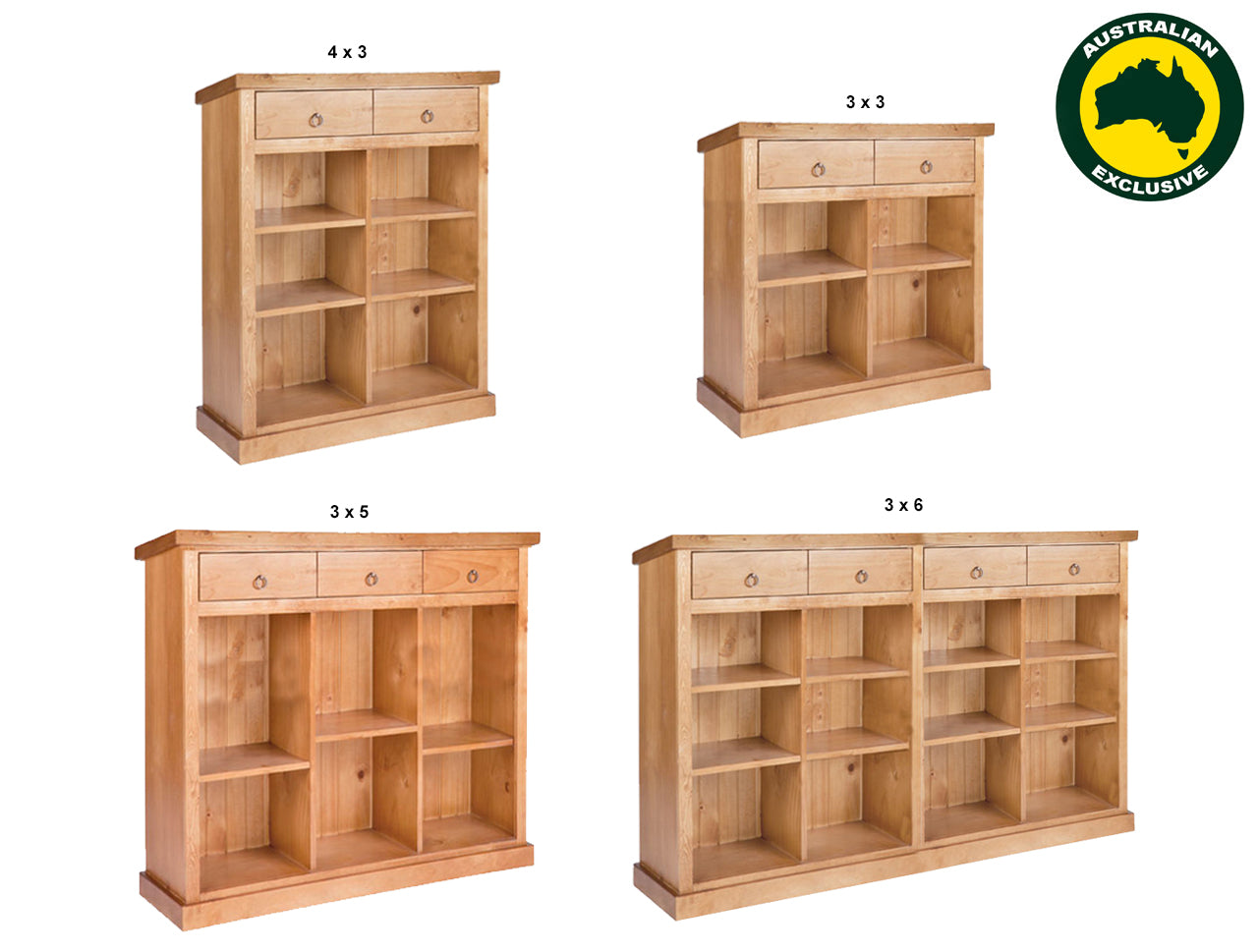 LITHGOW (AUSSIE MADE) LOWLINE BOOKCASE WITH DRAWERS COLLECTION  - ASSORTED STAINED COLOURS - STARTING FROM $999