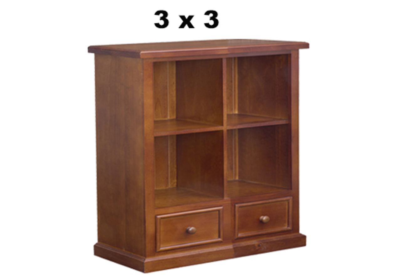 HUON THICK TOP (AUSSIE MADE) CUBE LOWLINE BOOKCASE  WITH PICTURE FRAMES DRAWERS COLLECTION - ASSORTED STAINED COLOURS - STARTING FROM $1599