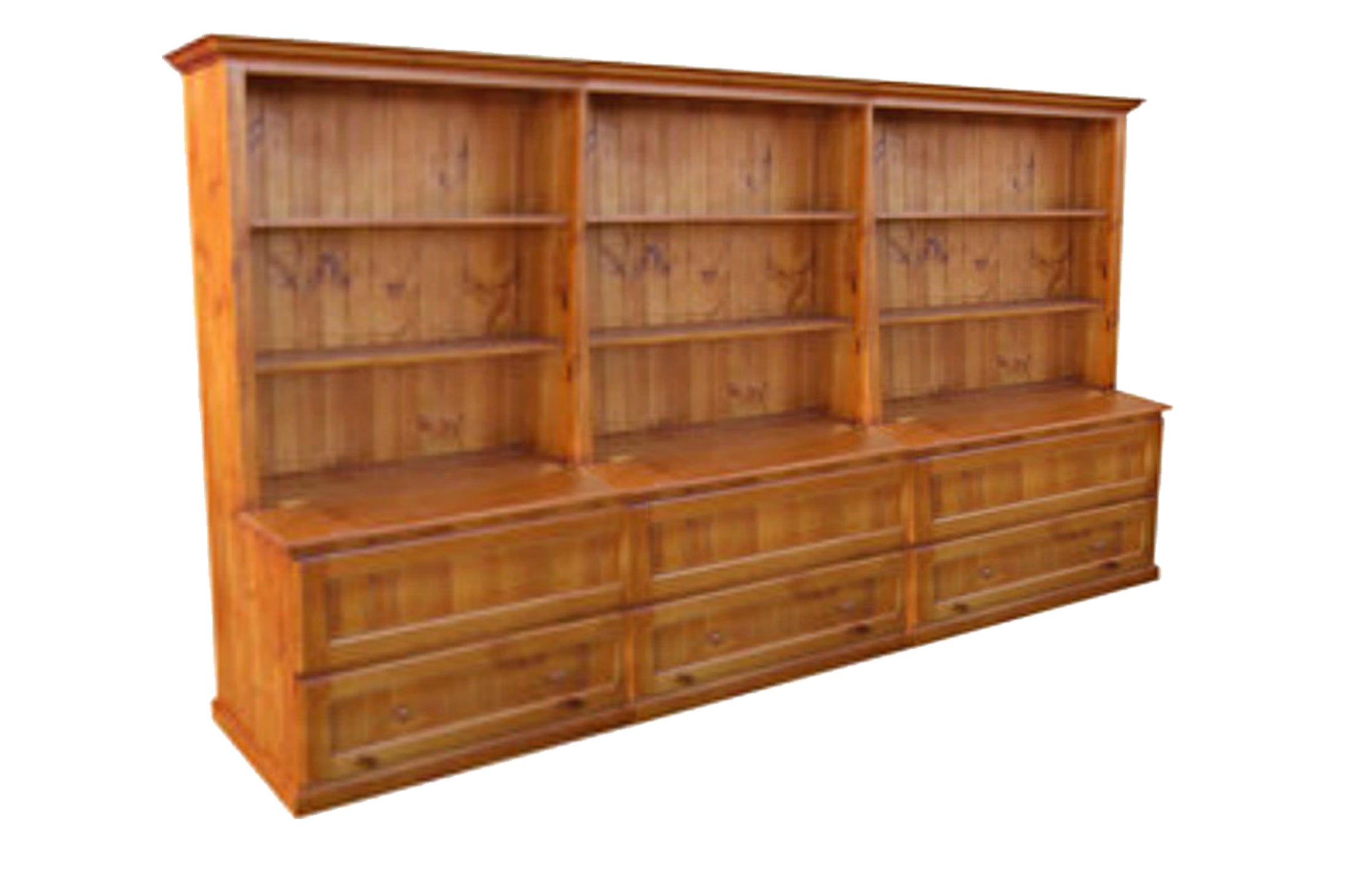 MUDGEE (AUSSIE MADE) BOOKCASE COMBO TRIPLE + DRAWERS - 1800(H) X 2700(W) - (3 SECTIONS) PIGEON PAIRED - ASSORTED STAINED COLOURS