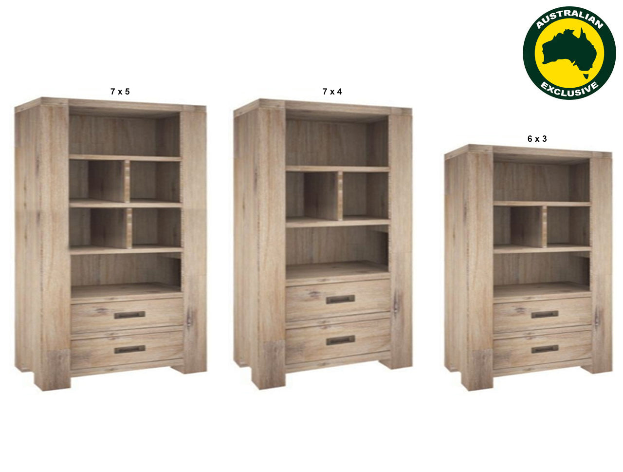 OYSTER BAY (AUSSIE MADE) BOOKSHELF WITH 2 DRAWERS COLLECTION - ASSORTED STAINED COLOURS - STARTING FROM $1199