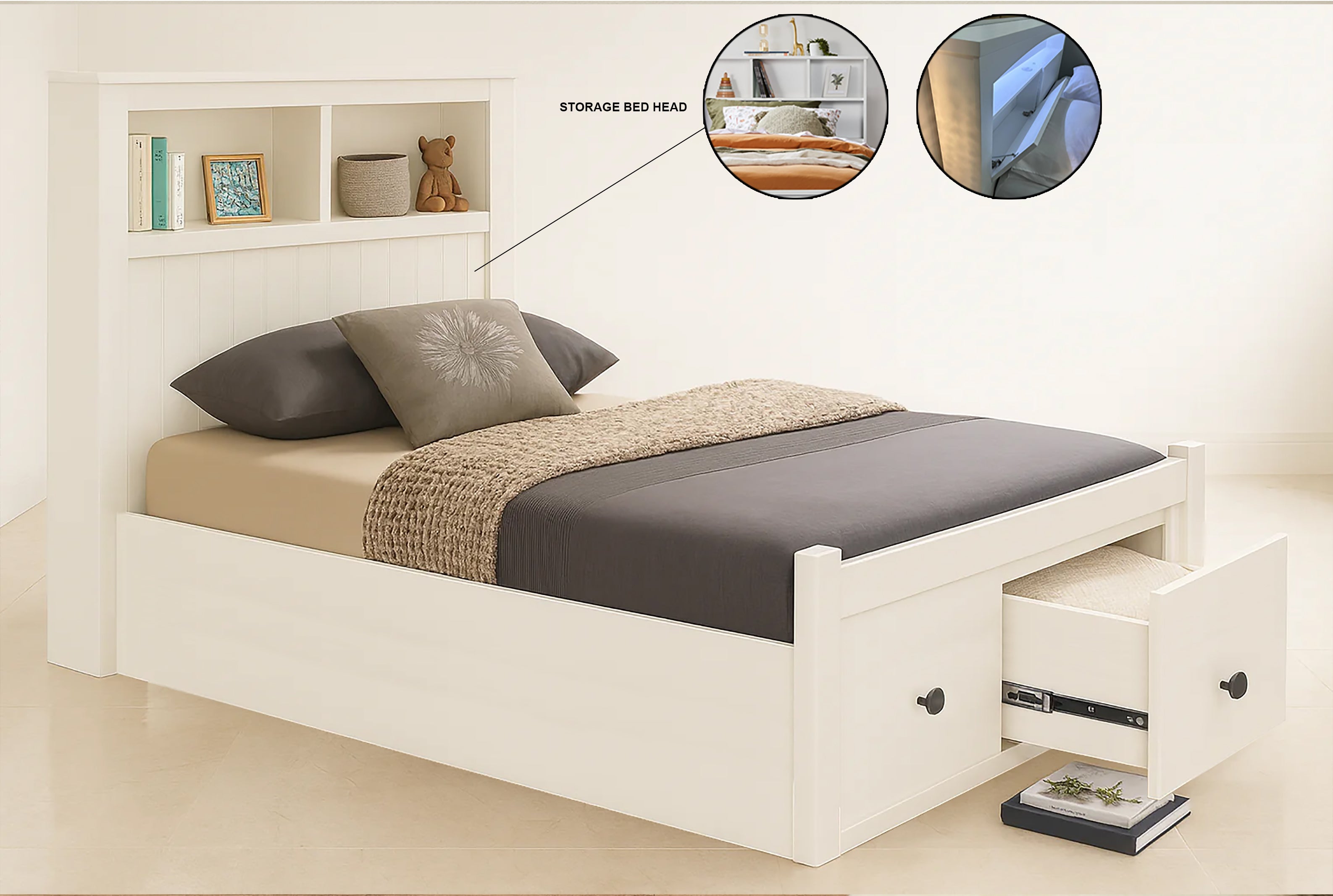 JESSY (AUSSIE MADE) DELUXE BEDROOM WITH 2 DRAWERS AND BED HEAD STORAGE COLLECTION - ASSORTED PAINTED COLOURS - STARTING FROM $599