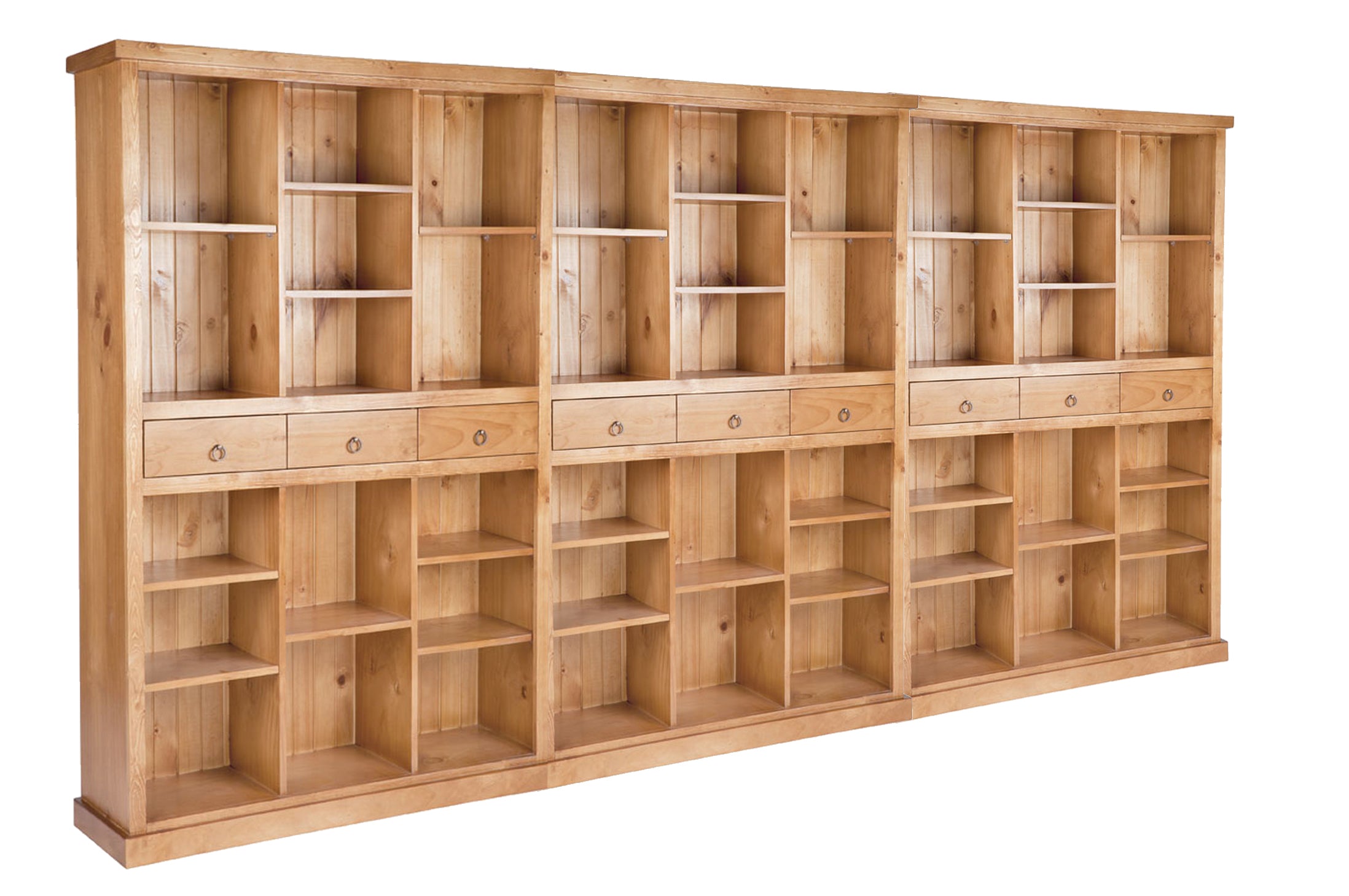LITHGOW (AUSSIE MADE) BOOKCASE WITH 9 DRAWERS - 1900(H) x 3600(W) (3 SECTIONS) PIGEON PAIRED - ASSORTED COLOURS