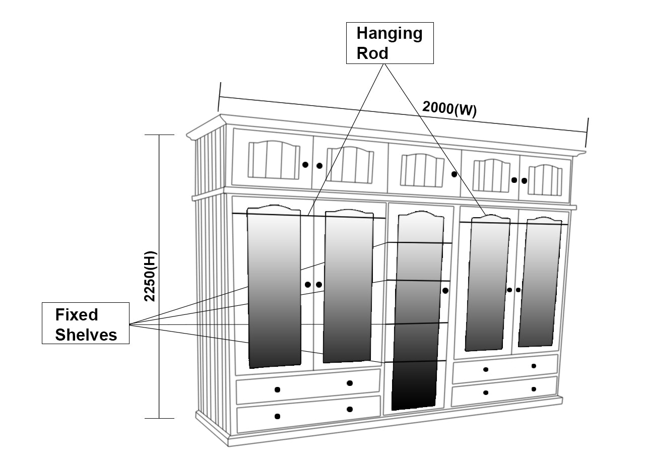 MUDGEE (AUSSIE MADE) 2 PIECE MULTIROBE WITH 5 MIRRORED DOORS & 5 TOP STORAGE BOXES - 2250(H) X 2000(W) - ASSORTED COLOURS