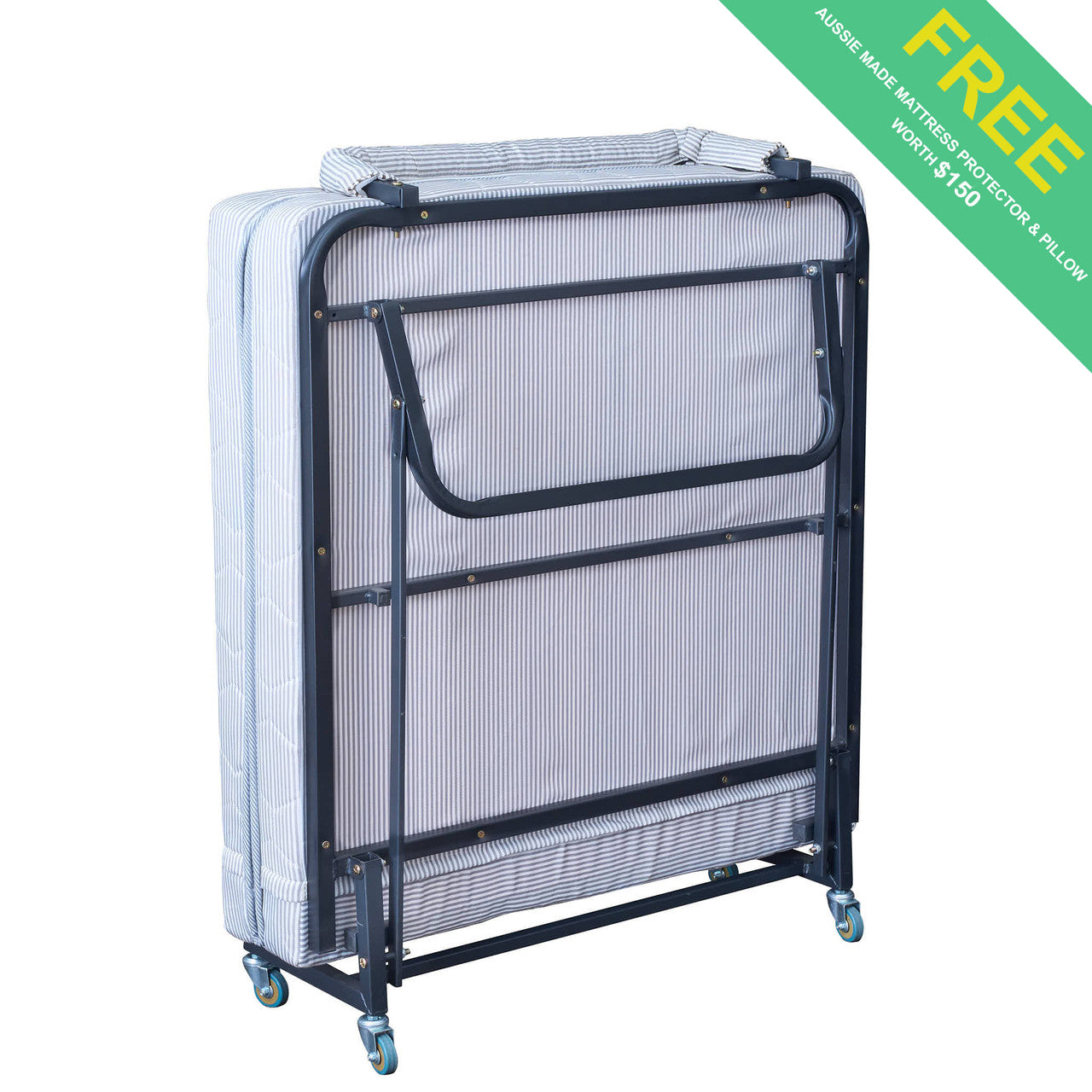 SINGLE FREDDY FOLDING BED INCLUDING 100MM HIGH DENSITY MATTRESS (MODEL-LZ-B105) INCLUDING MATTRESS PROTECTOR (AUSSIE MADE) & PILLOW (AUSSIE MADE) VALUED @ $150 - BLACK