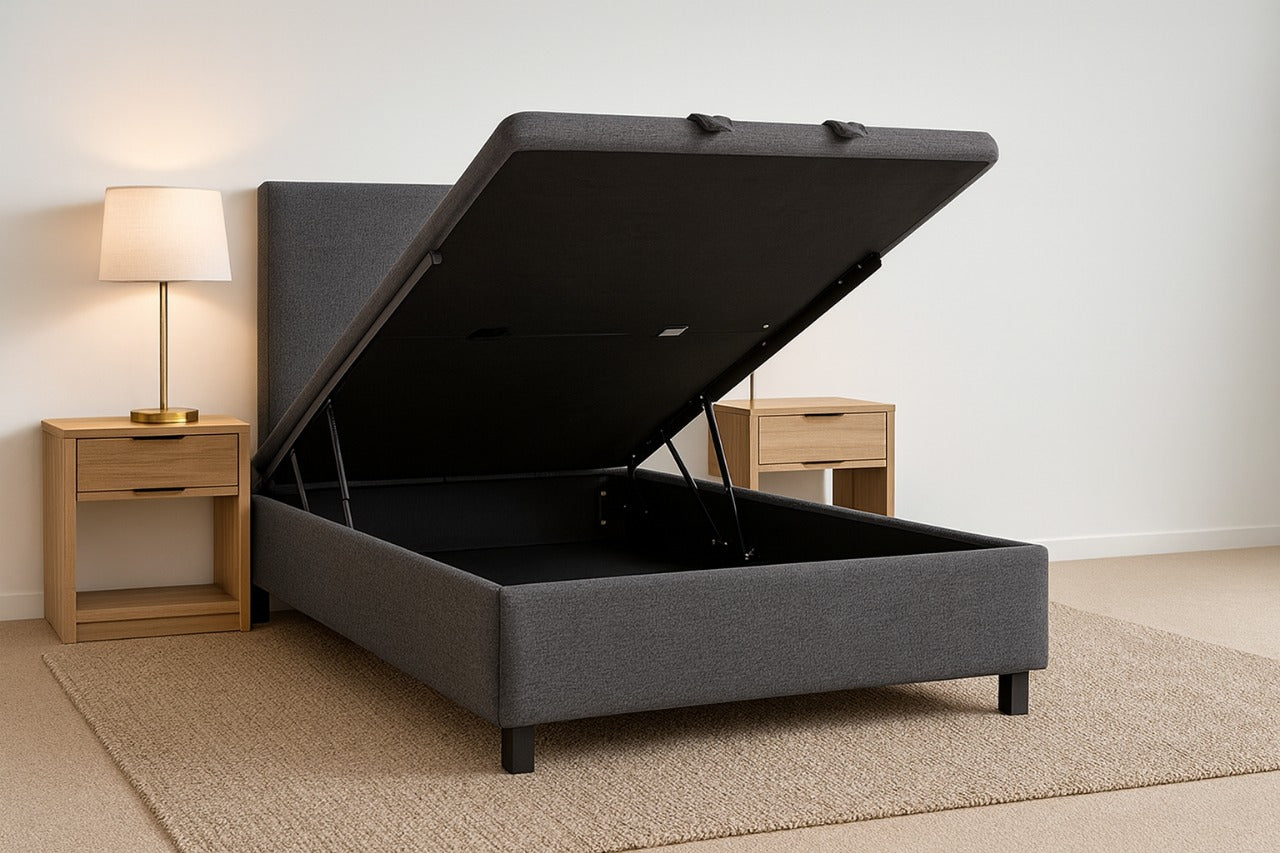 BRAVO (AUSSIE MADE) ENSEMBLE BASE WITH GASLIFT UNDERBED STORAGE COLLECTION - ASSORTED FABRICS AND COLOURS - STARTING FROM $999