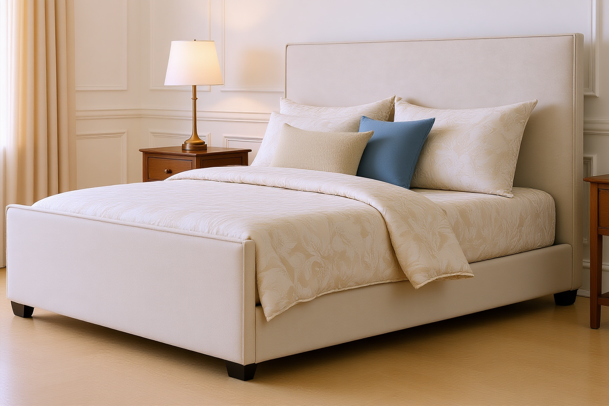 DELAMON (AUSSIE MADE) UPHOLSTERED BEDROOM COLLECTION - ASSORTED FABRICS AND COLOURS - STARTING FROM $699