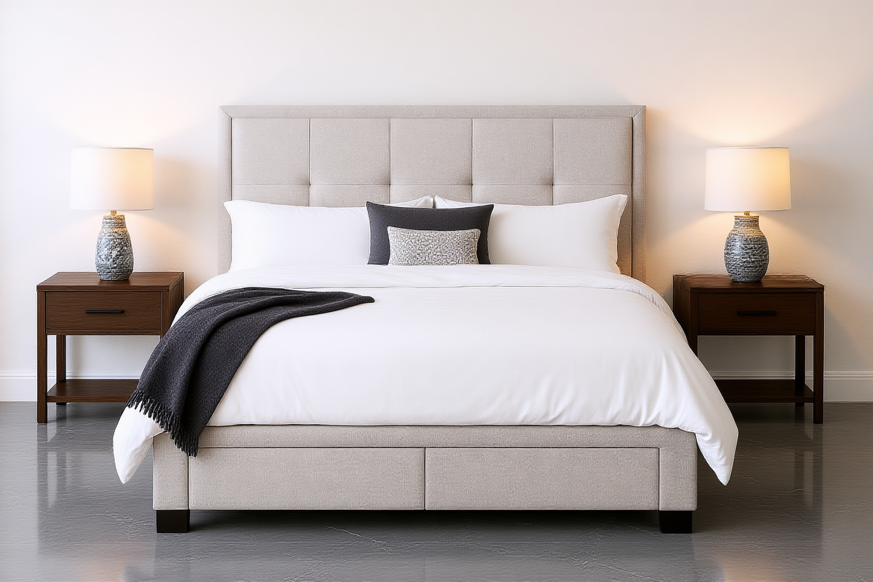 ENCASED (AUSSIE MADE) UPHOLSTERED BEDROOM COLLECTION - ASSORTED FABRICS AND COLOURS - STARTING FROM $699