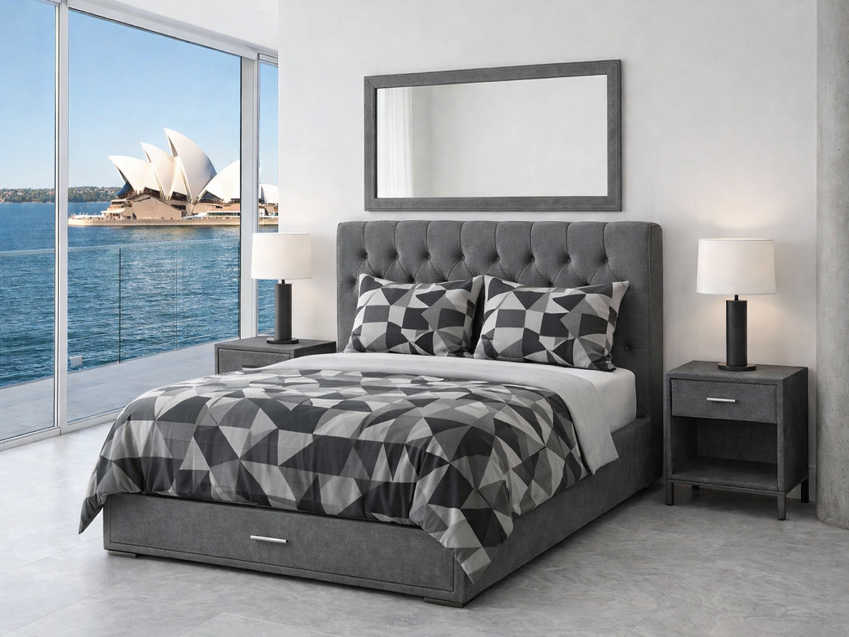 FARMSTEAD (AUSSIE MADE) UPHOLSTERED BEDROOM COLLECTION - ASSORTED FABRICS AND COLOURS - STARTING FROM $799