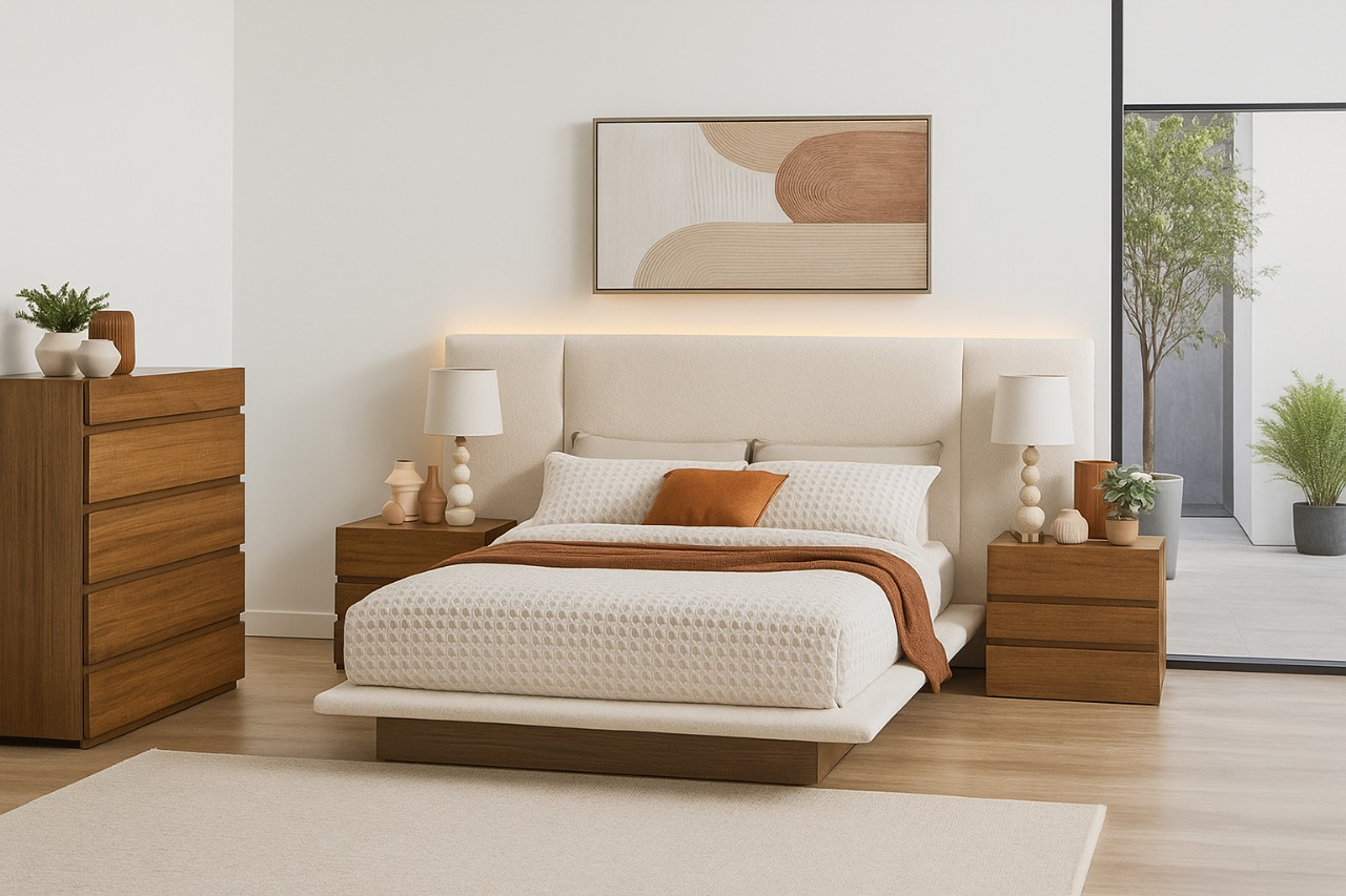 LUNAR (AUSSIE MADE) UPHOLSTERED EXTENDED BEDROOM COLLECTION – ASSORTED FABRICS & COLOURS - STARTING FROM $1999