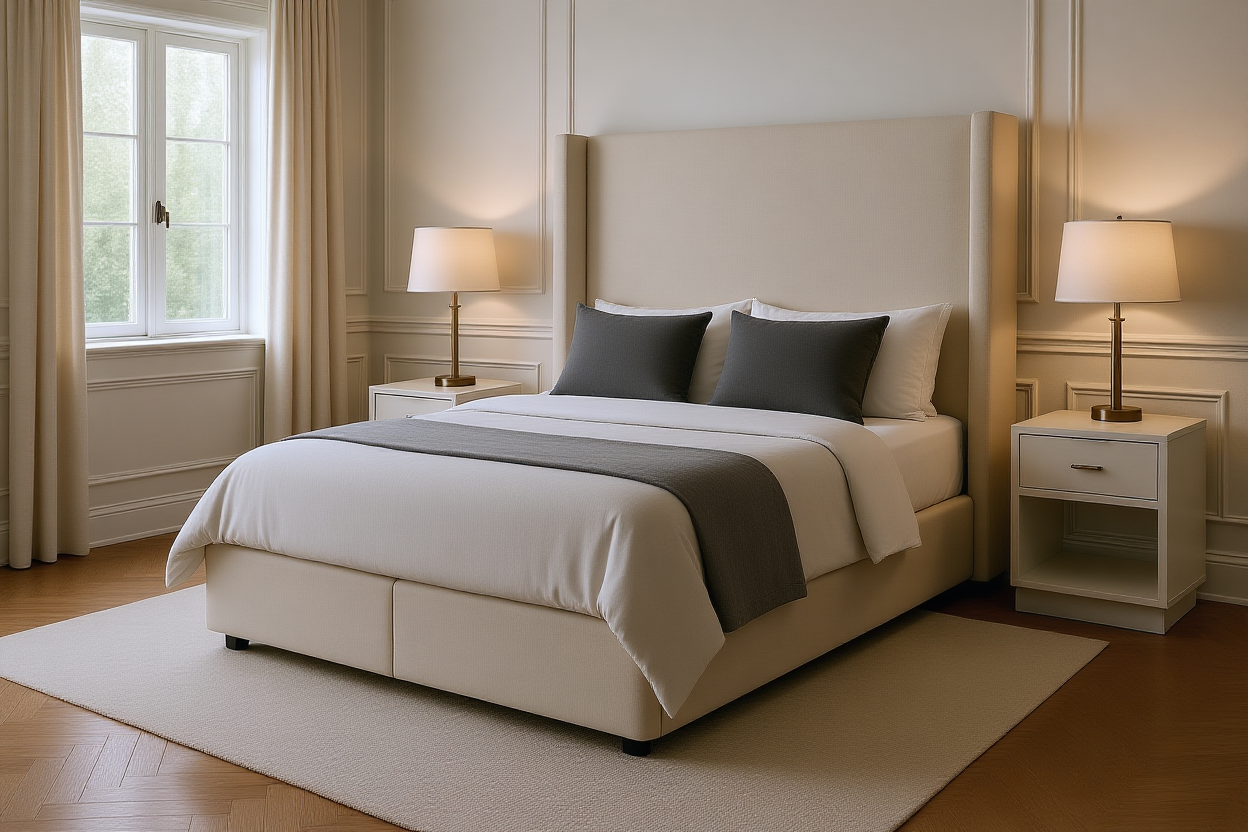 RHOMBUS (AUSSIE MADE) UPHOLSTERED WINGED BEDROOM COLLECTION - ASSORTED FABRICS AND COLOURS - STARTING FROM $499