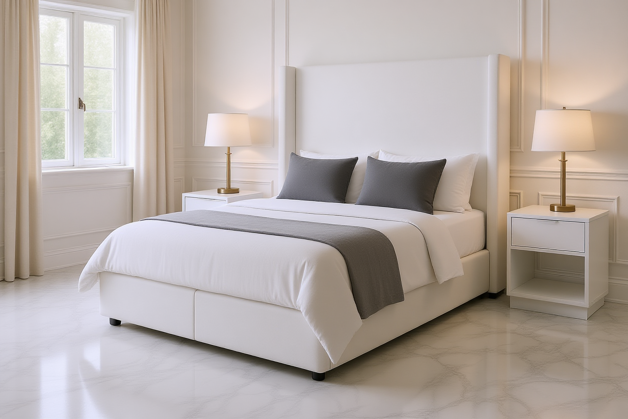 RHOMBUS (AUSSIE MADE) UPHOLSTERED WINGED BEDROOM COLLECTION - ASSORTED FABRICS AND COLOURS - STARTING FROM $499