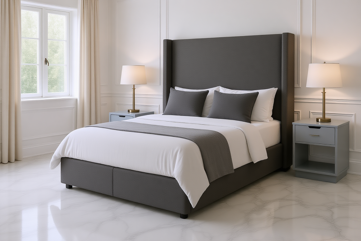 RHOMBUS (AUSSIE MADE) UPHOLSTERED WINGED BEDROOM COLLECTION - ASSORTED FABRICS AND COLOURS - STARTING FROM $499