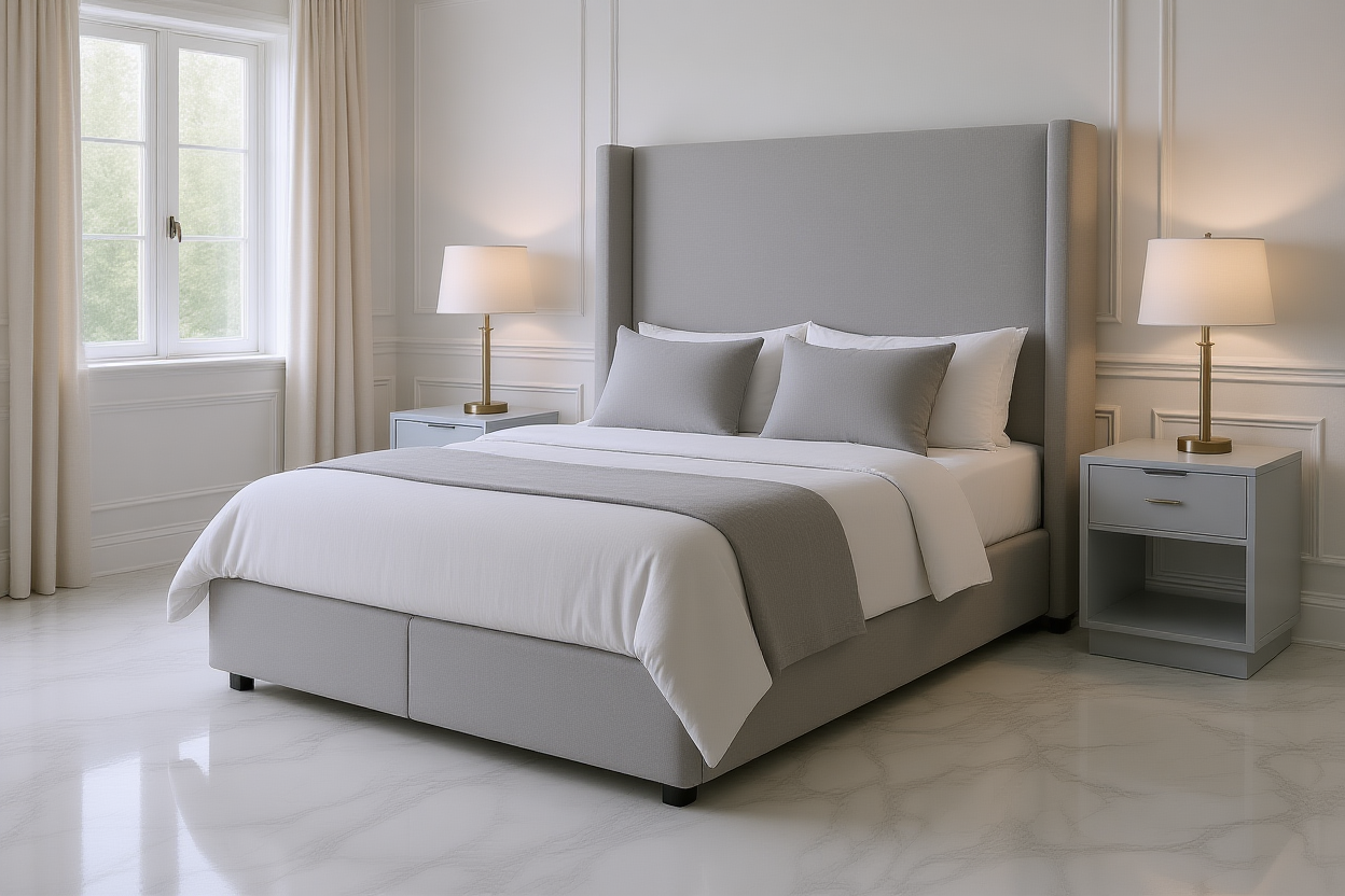 RHOMBUS (AUSSIE MADE) UPHOLSTERED WINGED BEDROOM COLLECTION - ASSORTED FABRICS AND COLOURS - STARTING FROM $499