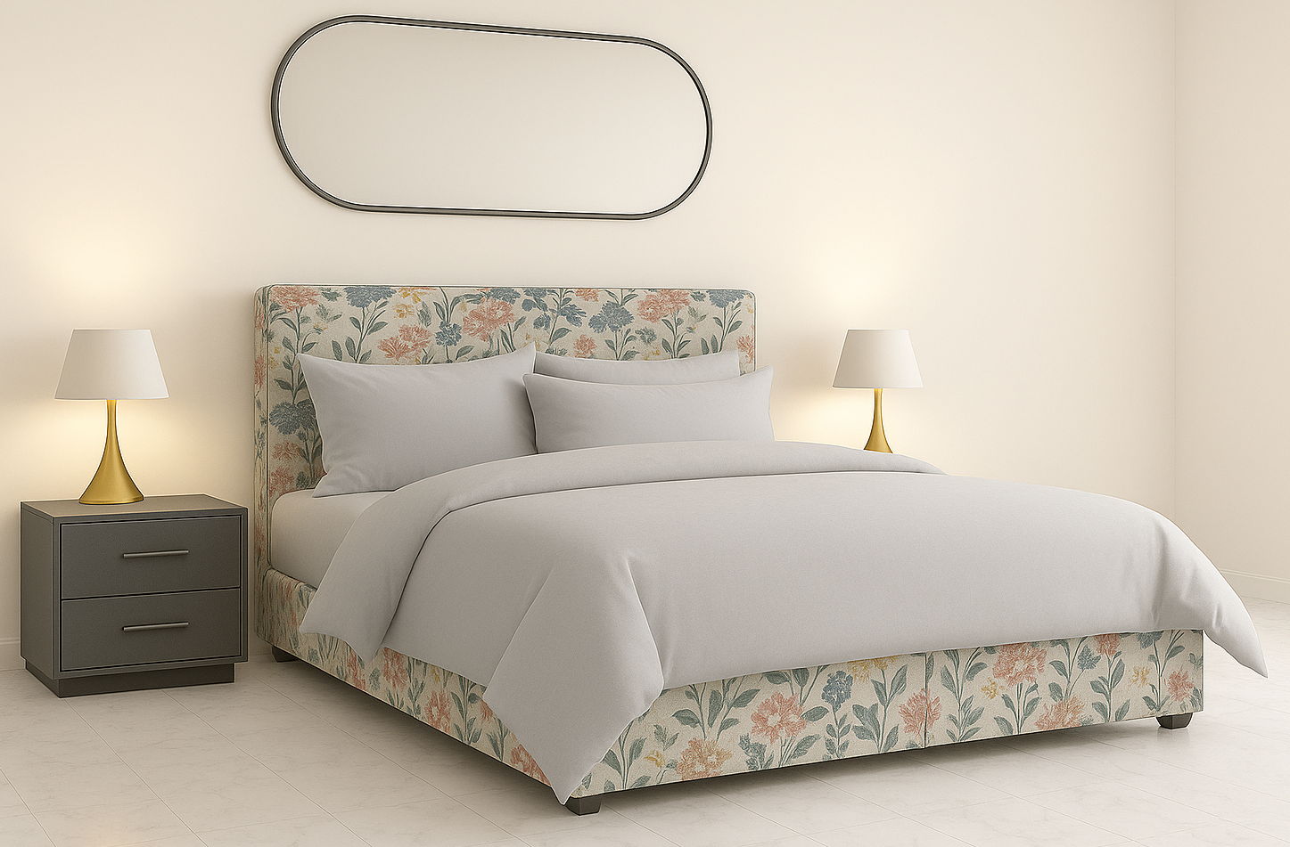 TOSCANO (AUSSIE MADE) UPHOLSTERED BEDROOM COLLECTION WITH 2 FRONT OR SIDE DRAWERS - ASSORTED FABRICS AND COLOURS - STARTING FROM $799