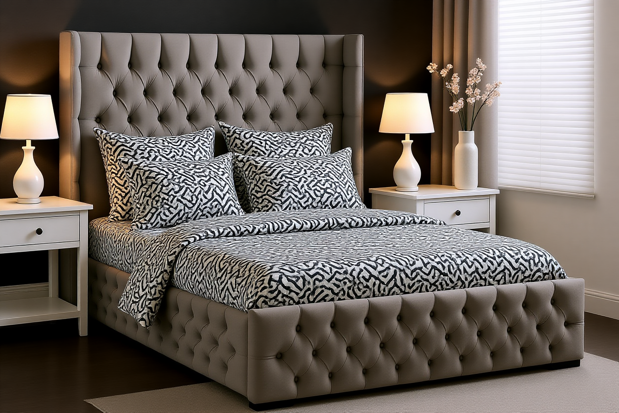JULIETTE (AUSSIE MADE) UPHOLSTERED CHESTERFIELD WITH WINGS BEDFRAME BEDROOM COLLECTION – ASSORTED FABRICS & COLOURS - STARTING FROM $2999