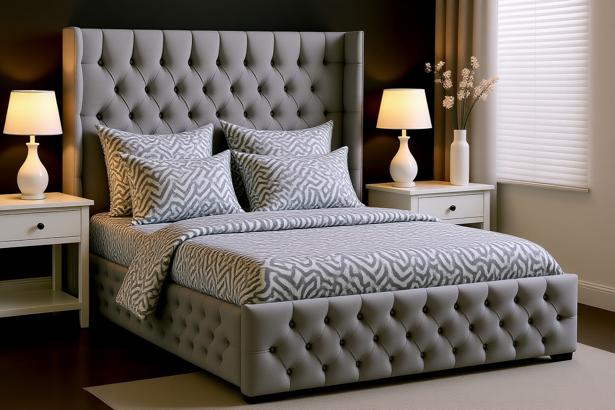 JULIETTE (AUSSIE MADE) UPHOLSTERED CHESTERFIELD WITH WINGS BEDFRAME BEDROOM COLLECTION – ASSORTED FABRICS & COLOURS - STARTING FROM $2999