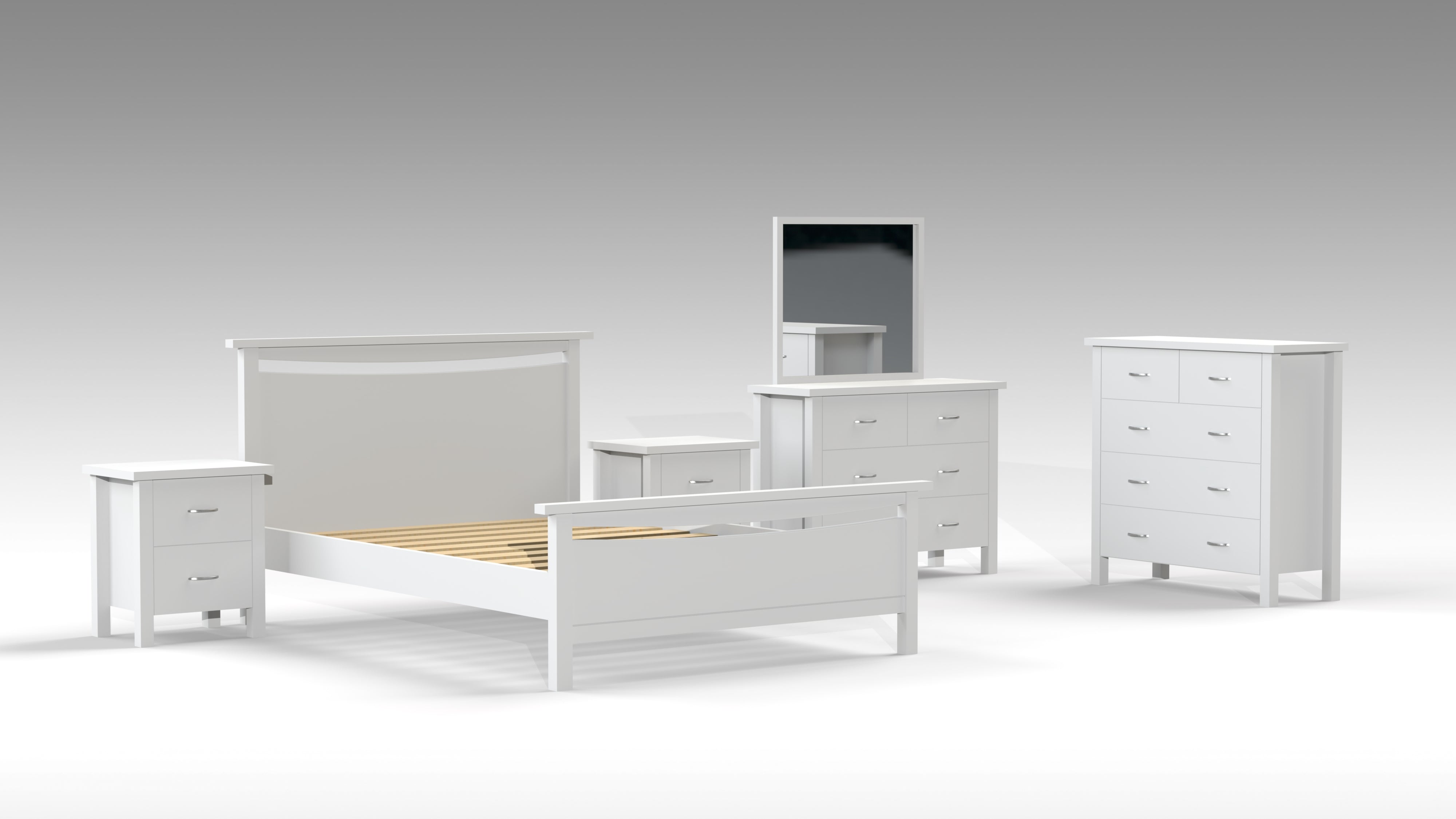 DOUBLE OR QUEEN ALODIA (AUSSIE MADE) 5 PIECE (DRESSER) BEDROOM SUITE - ASSORTED COLOURS