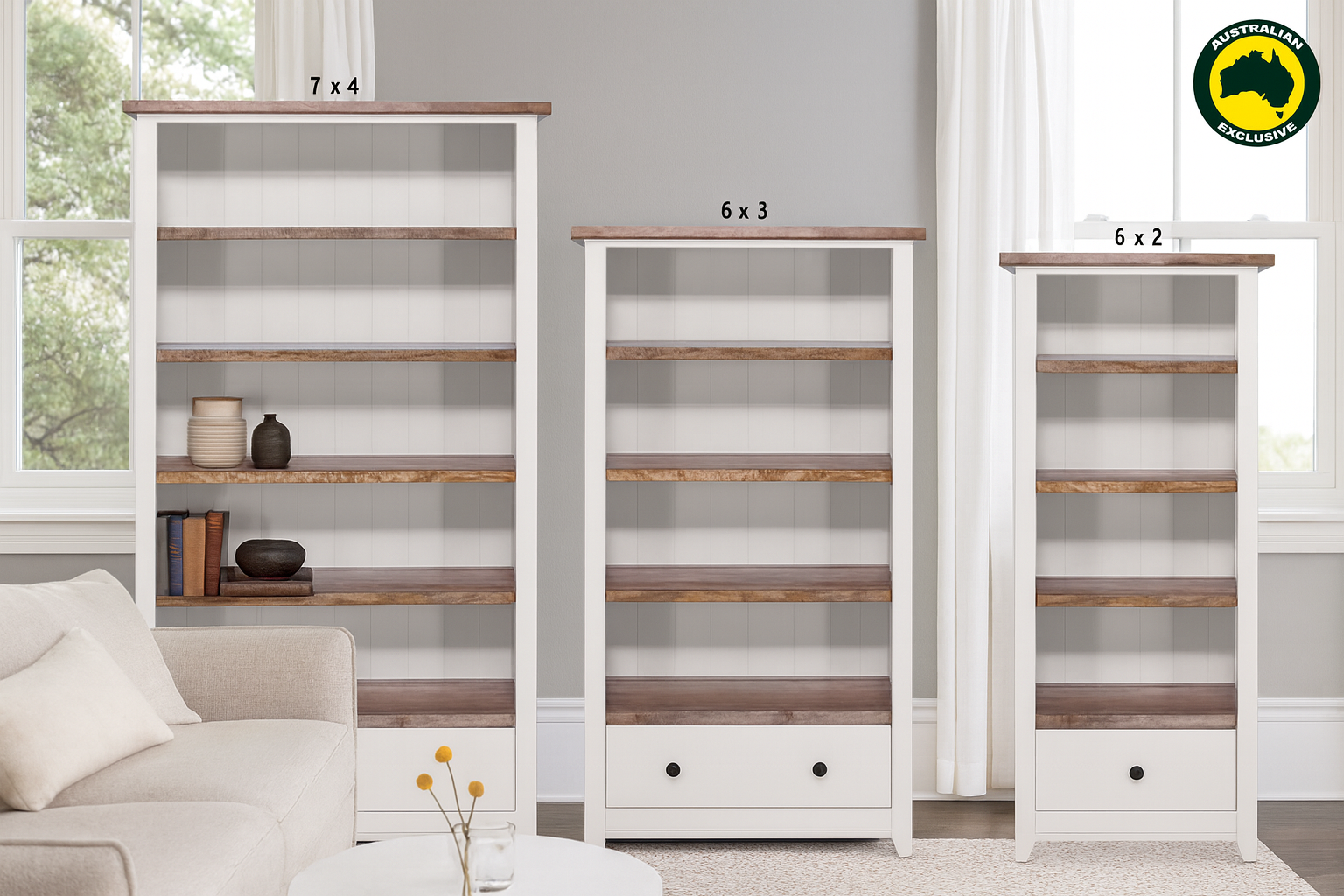 FJORD (AUSSIE MADE) HIGHLINE BOOKCASE WITH DRAWERS COLLECTION - ASSORTED STAINED OR PAINTED COLOURS - STARTING FROM $1299
