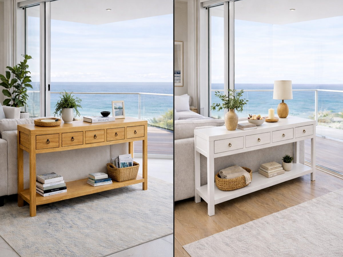 CLIFTON (AUSSIE MADE) CONSOLE TABLE WITH MAGAZINE RACK COLLECTION - ASSORTED COLOURS - STARTING FROM $799