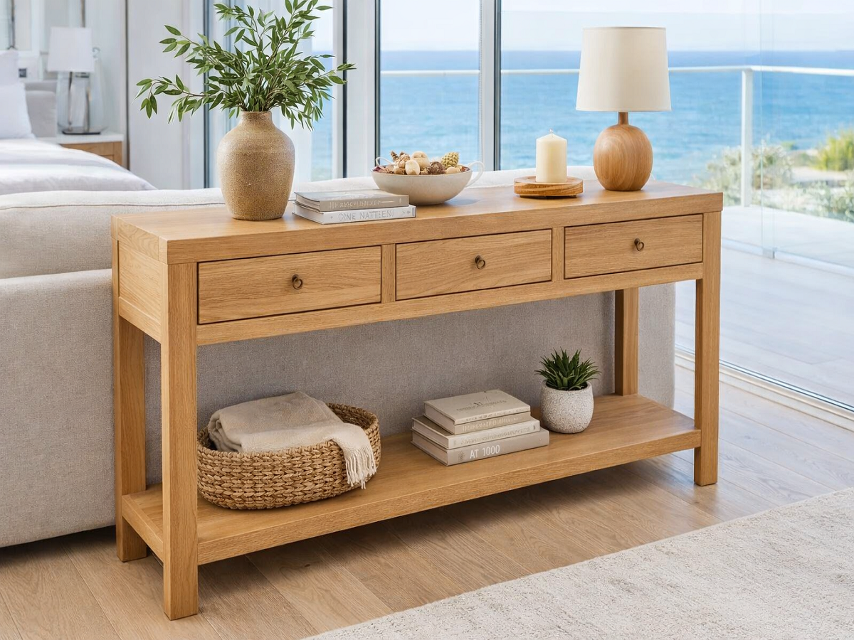 CLIFTON (AUSSIE MADE) CONSOLE TABLE WITH MAGAZINE RACK COLLECTION - ASSORTED COLOURS - STARTING FROM $799