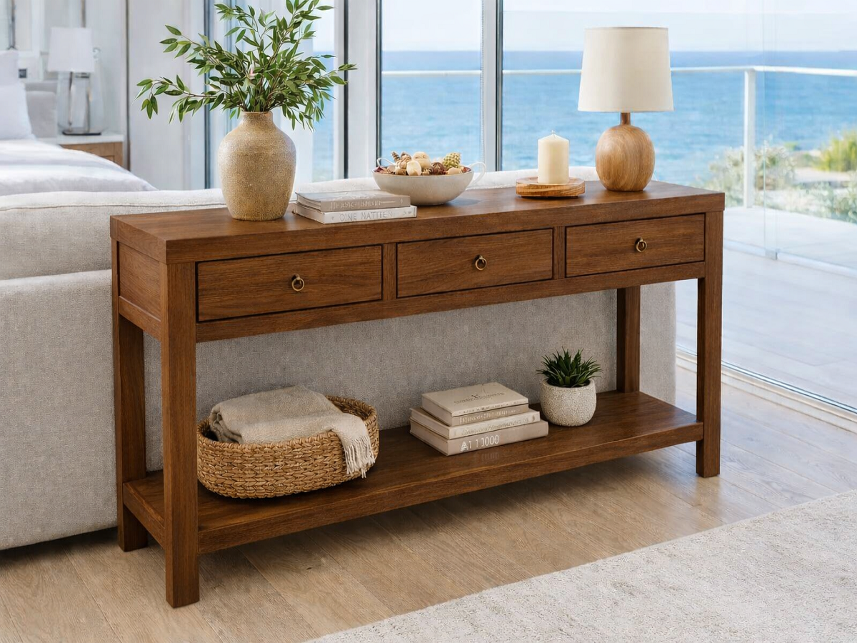 CLIFTON (AUSSIE MADE) CONSOLE TABLE WITH MAGAZINE RACK COLLECTION - ASSORTED COLOURS - STARTING FROM $799