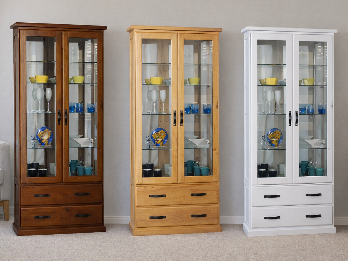 DROVER (AUSSIE MADE) 2 DOOR / 2 DRAWER HIGHLINE GLASS DISPLAY CABINET WITH MIRRORED BACK COLLECTION - ASSORTED COLOURS - STARTING FROM $1599