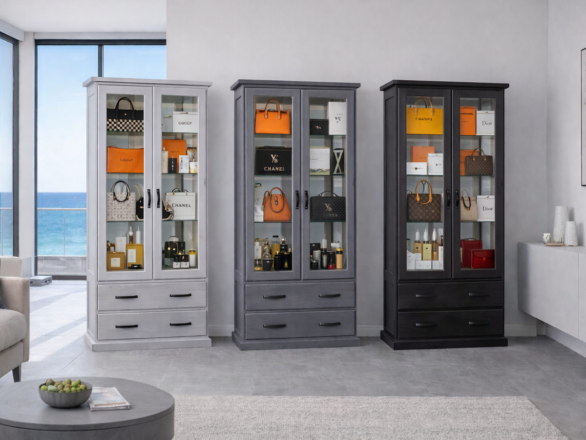 DROVER (AUSSIE MADE) 2 DOOR / 2 DRAWER HIGHLINE GLASS DISPLAY CABINET WITH MIRRORED BACK COLLECTION - ASSORTED COLOURS - STARTING FROM $1599