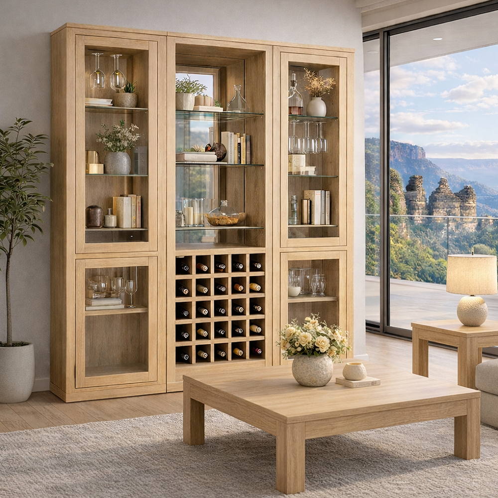 ELLE (AUSSIE MADE) CHINA DISPLAY UNIT WITH WINE STORAGE + MIRRORED BACK COLLECTION - ASSORTED COLOURS - STARTING FROM $2499
