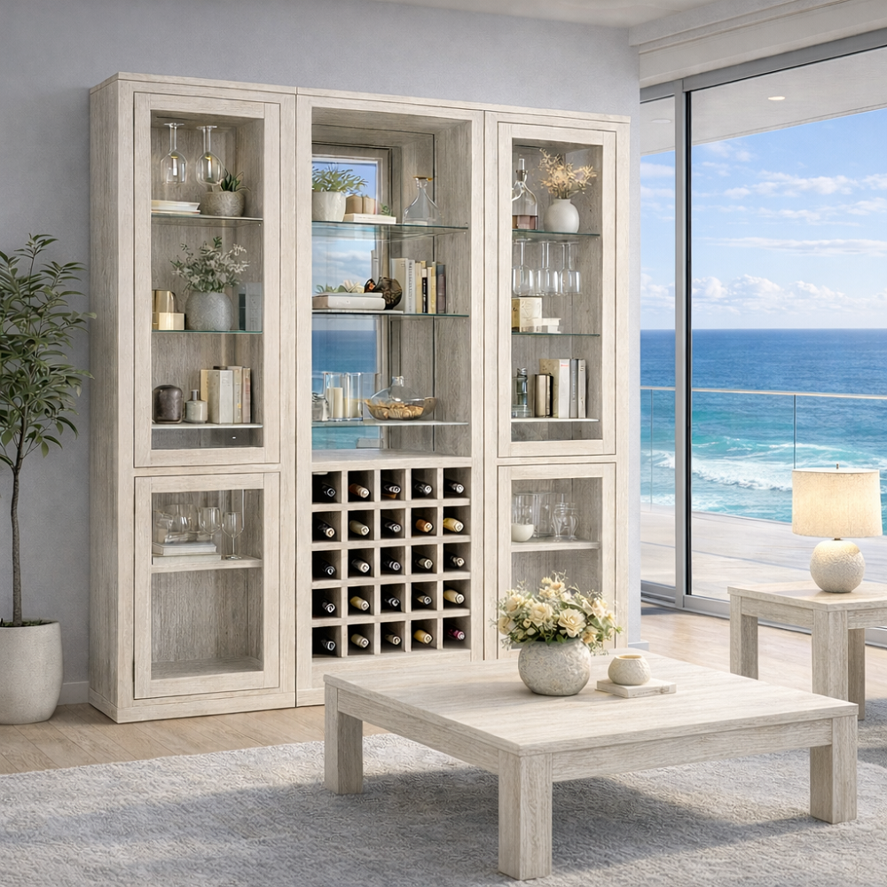 ELLE (AUSSIE MADE) CHINA DISPLAY UNIT WITH WINE STORAGE + MIRRORED BACK COLLECTION - ASSORTED COLOURS - STARTING FROM $2499