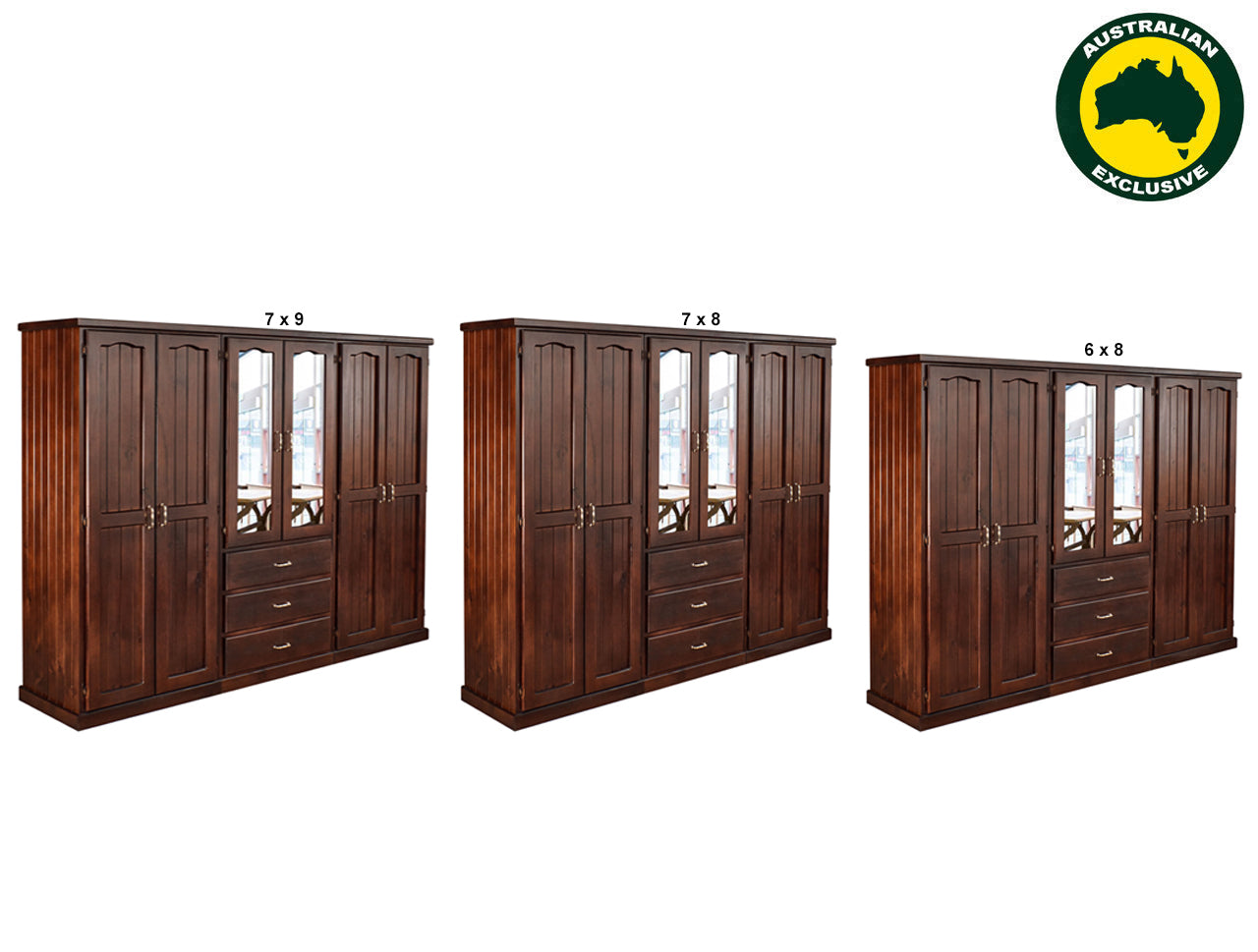 EMPIRE GAD (AUSSIE MADE) 3 PIECE (4 SECTIONS) MULTI-ROBE WITH 6 DOORS / 3 DRAWERS COLLECTION  - ASSORTED STAINED COLOURS - STARTING FROM $2599