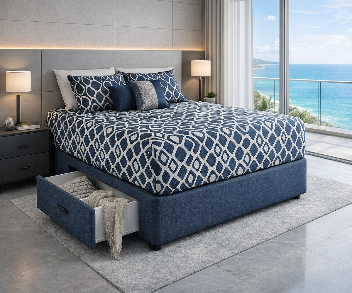 DESIGNER (AUSSIE MADE) DENIM BASE WITH 1 SIDE DRAWER - 12''/300MM) BASE ONLY - ASSORTED FABRICS &  COLOURS - STARTING FROM $699