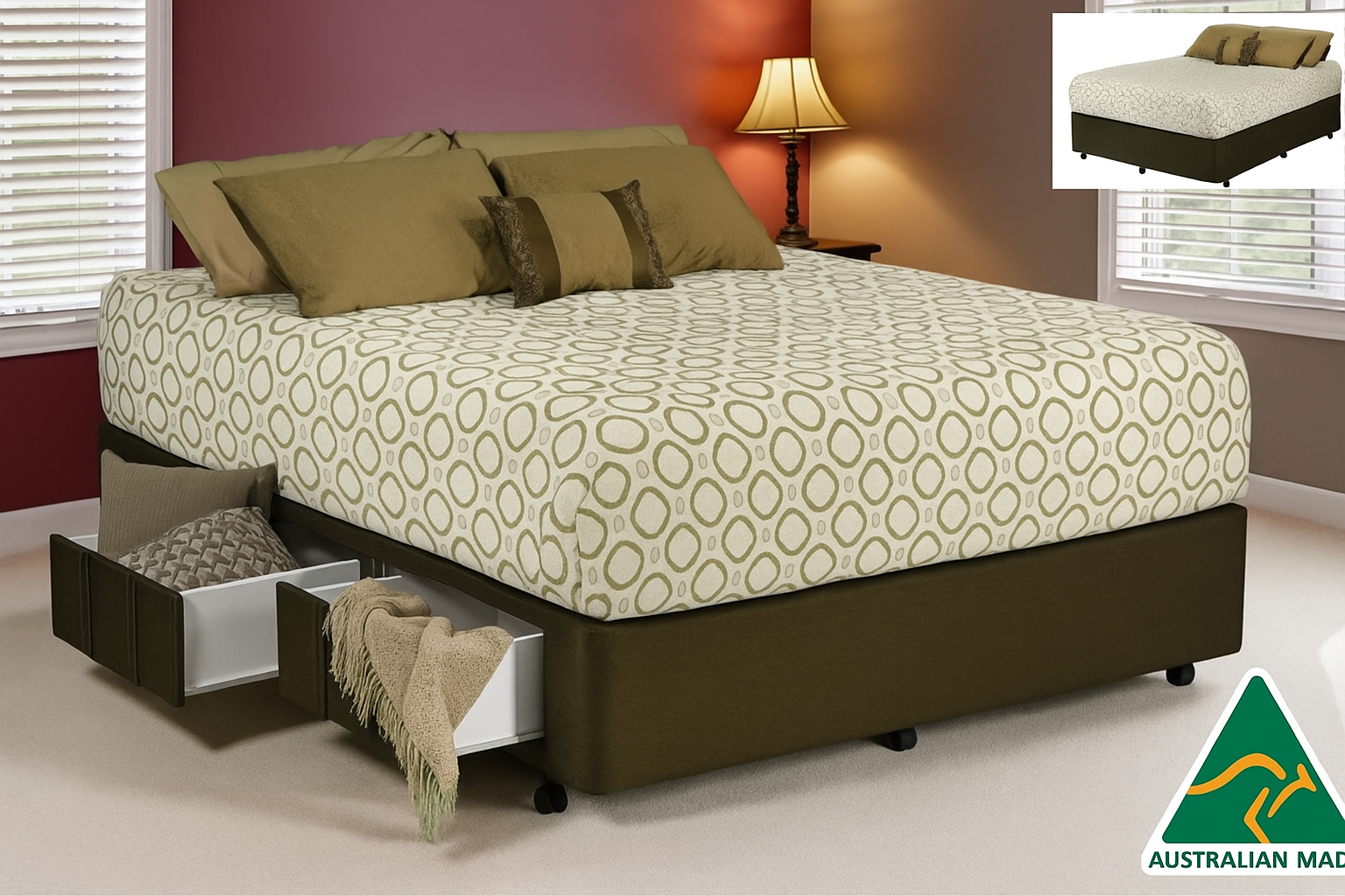 (FW) CRETE / (AMM) CLASSIC (AUSSIE MADE) BASE WITH 4 SIDE DRAWERS - (12''/300MM) BASE ONLY - ASSORTED FABRICS &  COLOURS - INCLUDE an EXTRA 90% SAVINGS on the price with a FREE REWARDS VOUCHER - STARTING FROM $1499