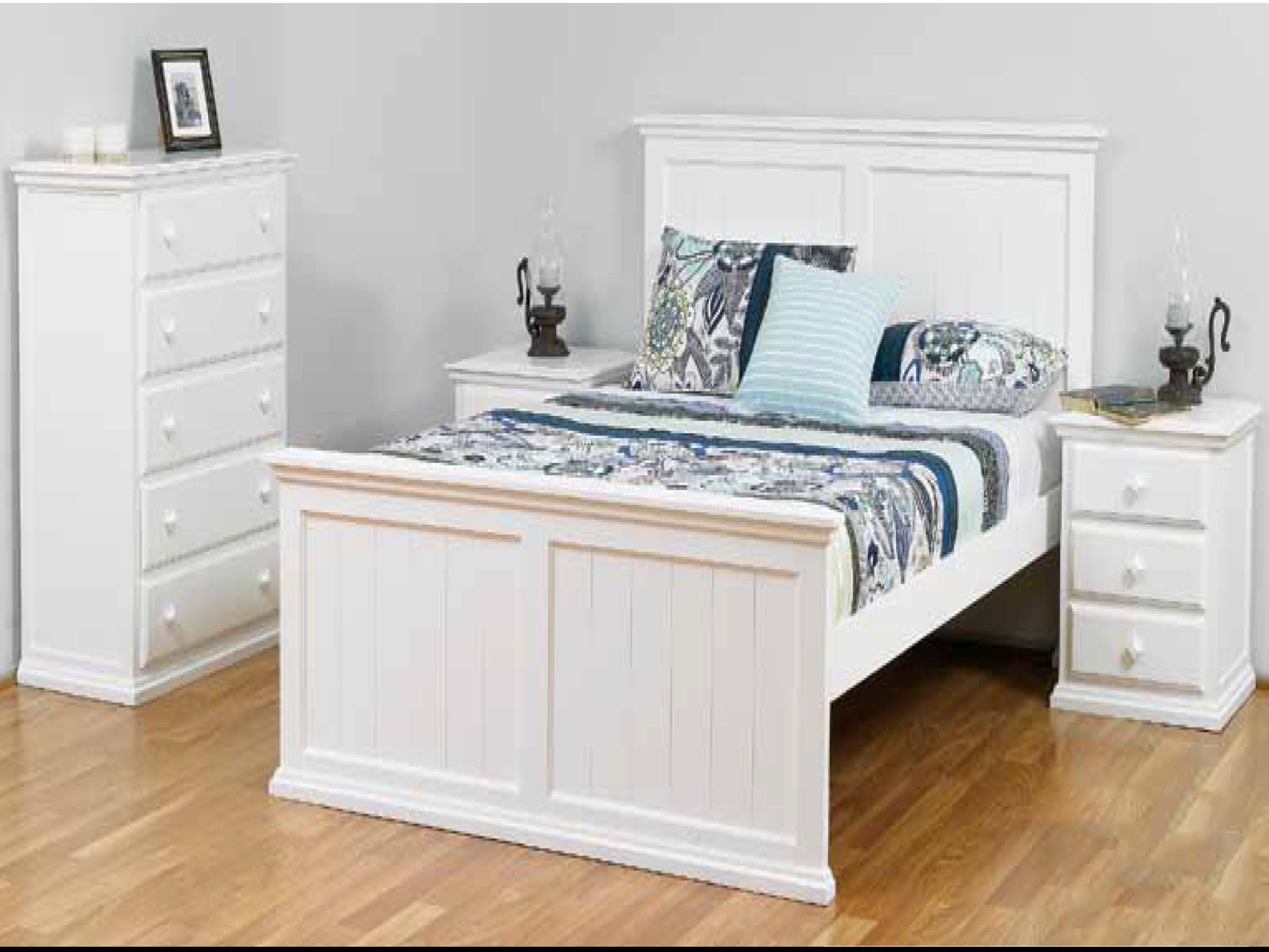 DOUBLE OR QUEEN ANNISTON (AUSSIE MADE) 5 PIECE (DRESSER) BEDROOM SUITE - ASSORTED PAINTED COLOURS