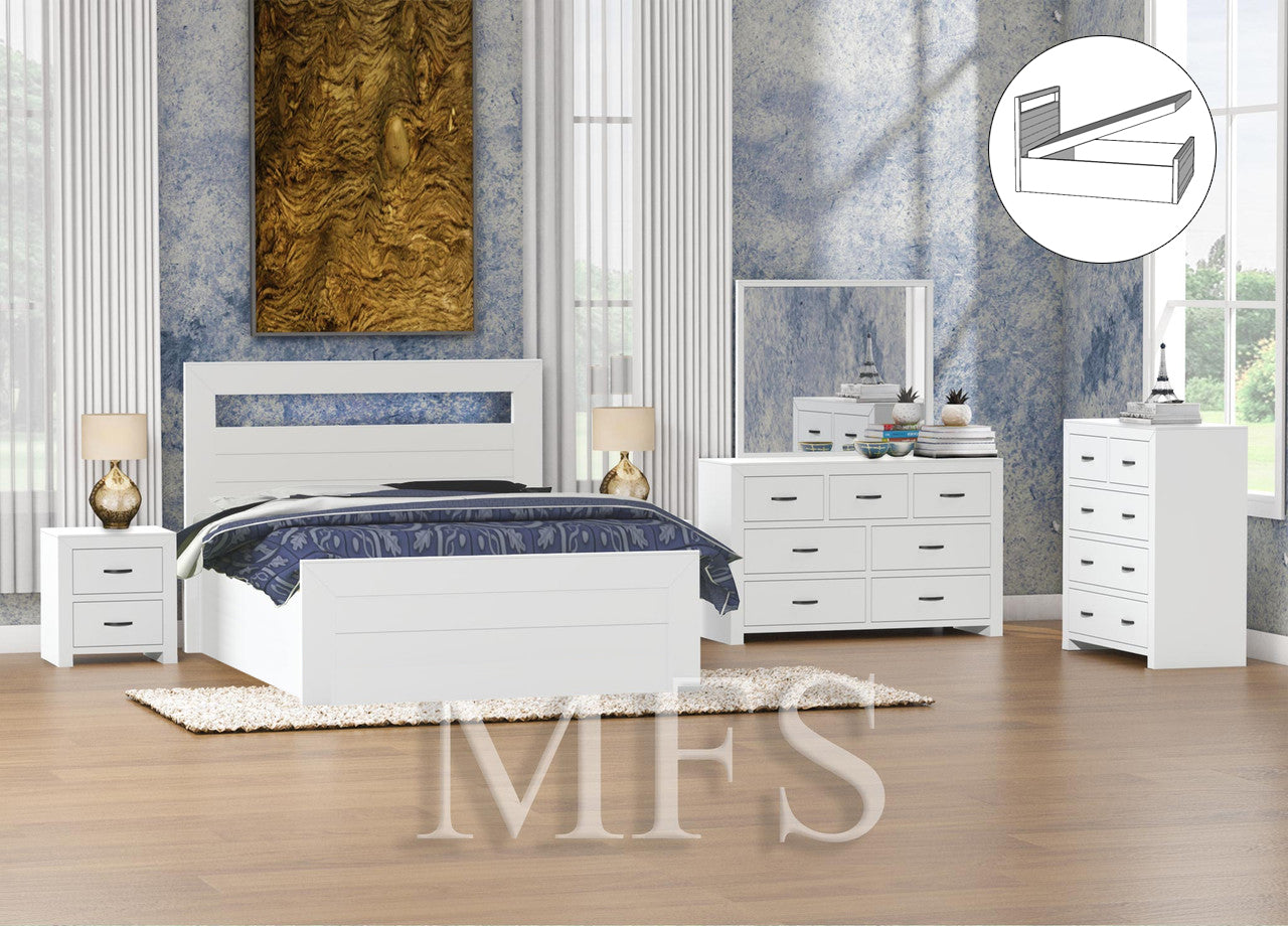 KING BUSTIN (AUSSIE MADE) 5 PIECE (DRESSER) BEDROOM SUITE WITH GAS LIFT BED - ASSORTED COLOURS