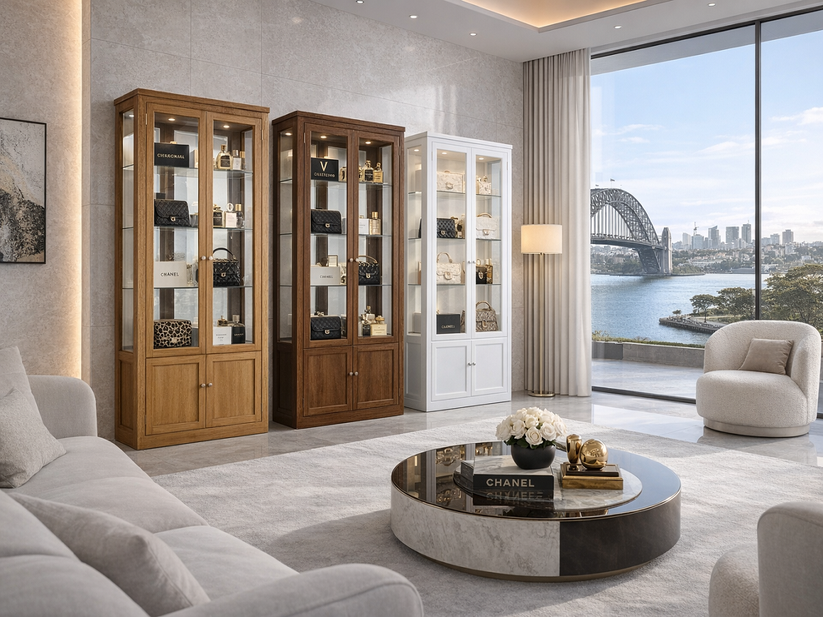 JOE (AUSSIE MADE) CHINA DISPLAY UNIT WITH GROOVE TOP WITH 4 DOORS / 2 GLASS SHELVES + MIRRORED BACK (HALF GLASS) COLLECTION - ASSORTED COLOURS - STARTING FROM $1899