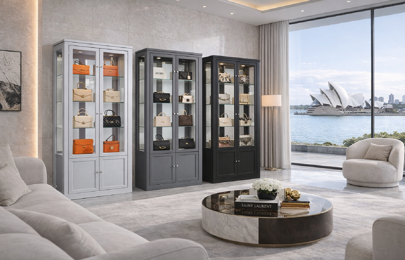 JOE (AUSSIE MADE) CHINA DISPLAY UNIT WITH GROOVE TOP WITH 4 DOORS / 2 GLASS SHELVES + MIRRORED BACK (HALF GLASS) COLLECTION - ASSORTED COLOURS - STARTING FROM $1899